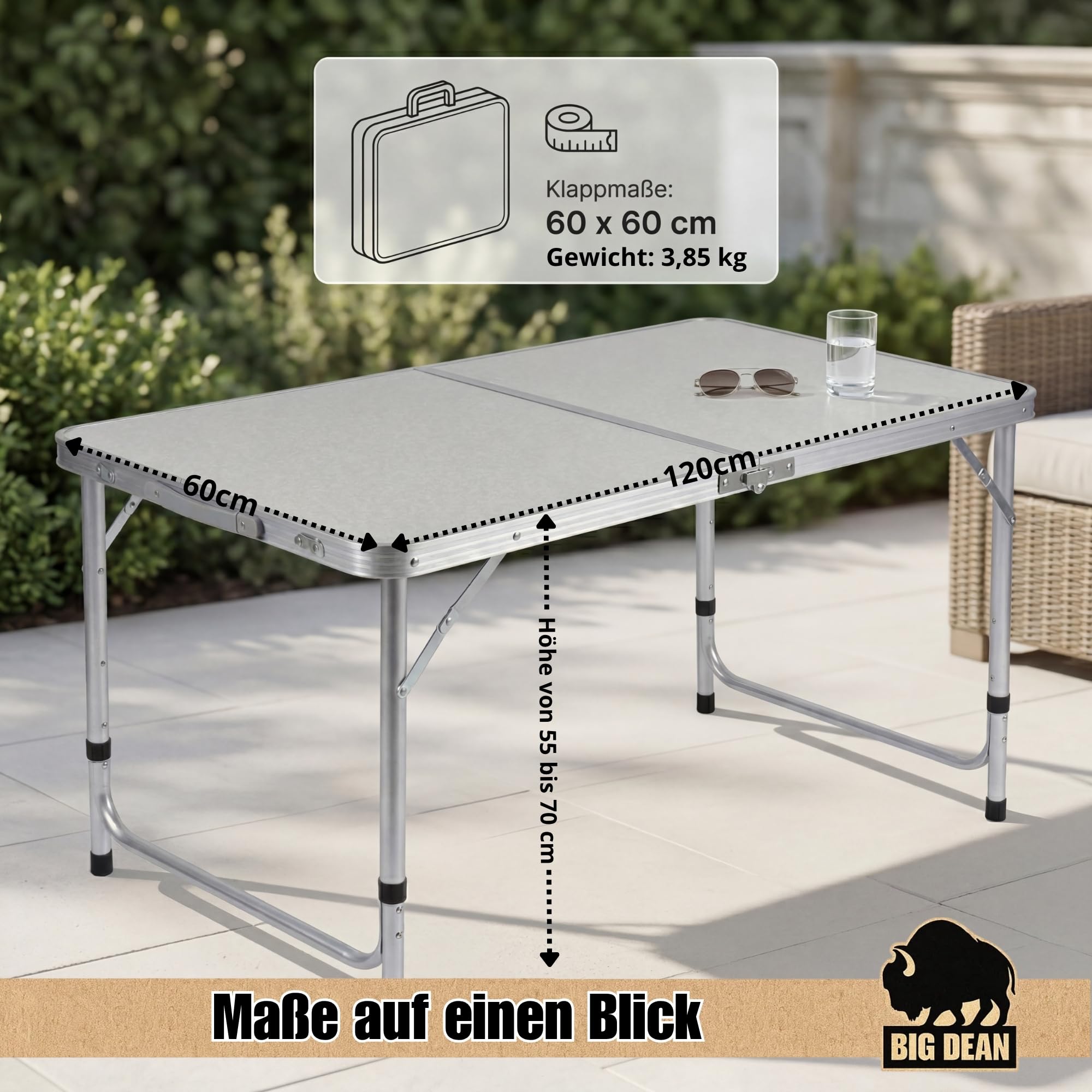 BigDean Klapptisch Campingtisch 120x60cm Höhenverstellbar & Stabil Alu Gestell mit Tragegriff