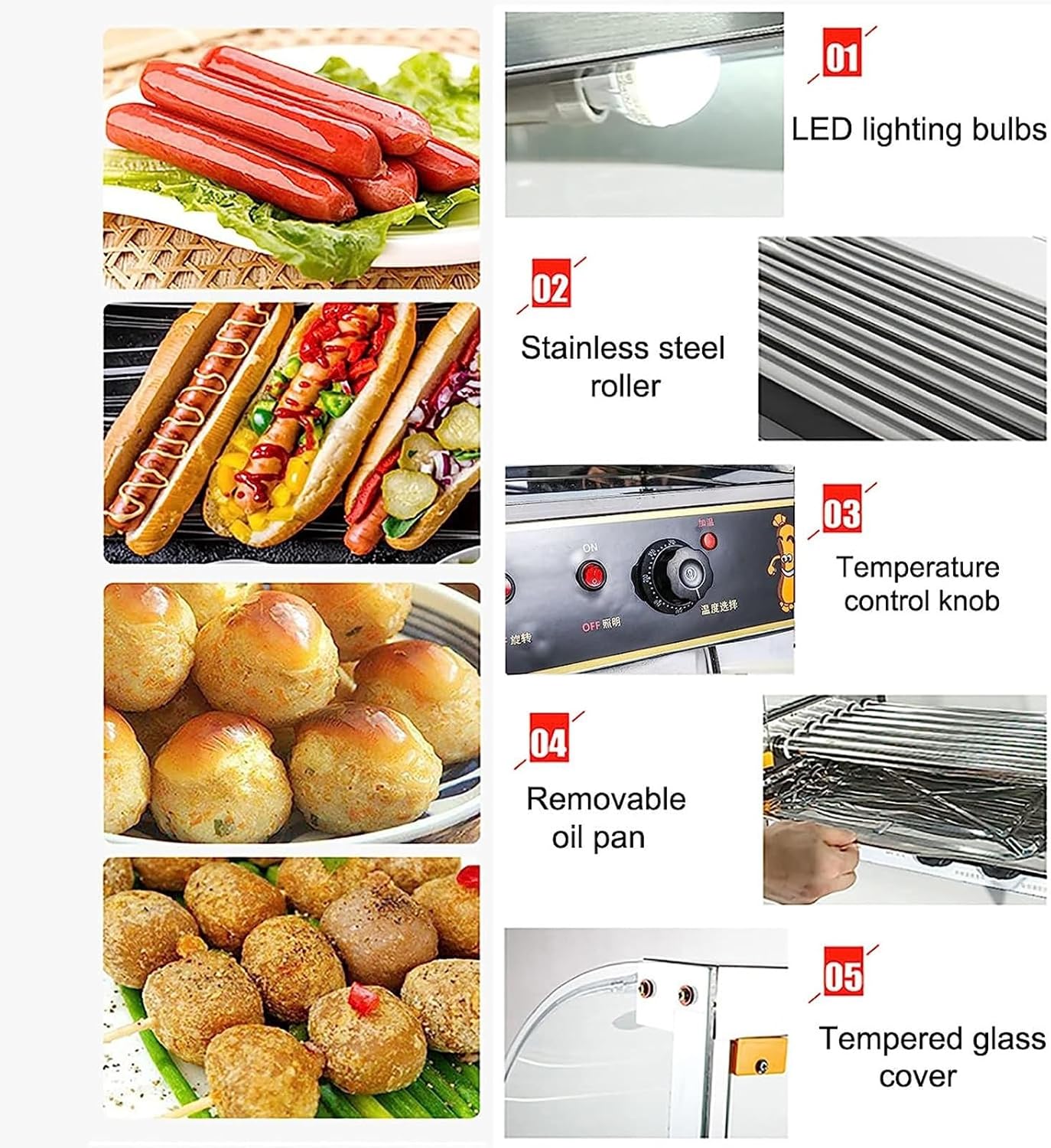 Hot Dog Roller Machine, Sausage Grill Cooker with 5 Stainless Steel Rollers, 16 Max, with Removable Drip Tray, Glass Hood Cover and LED Lights, 1000-Watts(Without door)