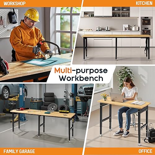 Miniatura 8 de Albott Banco de trabajo ajustable de 84 x 24 pulgadas con tomas de corriente, banco de trabajo de madera resistente de 2000 libras con ganchos,