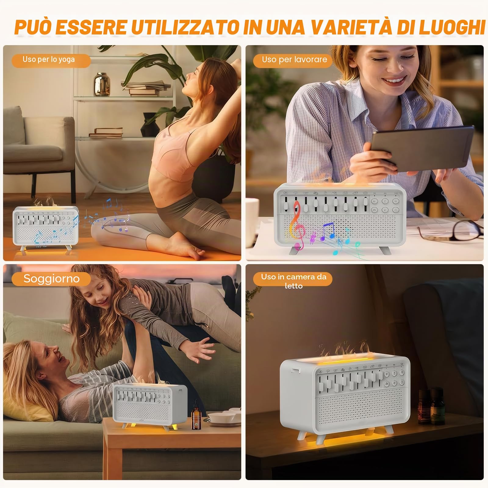 Umidificatore per macchina del suono con 8 suoni della natura, Bulora Sound Box con diffusore di aromi e fiamma di simulazione per adulti, casa, ufficio, relax