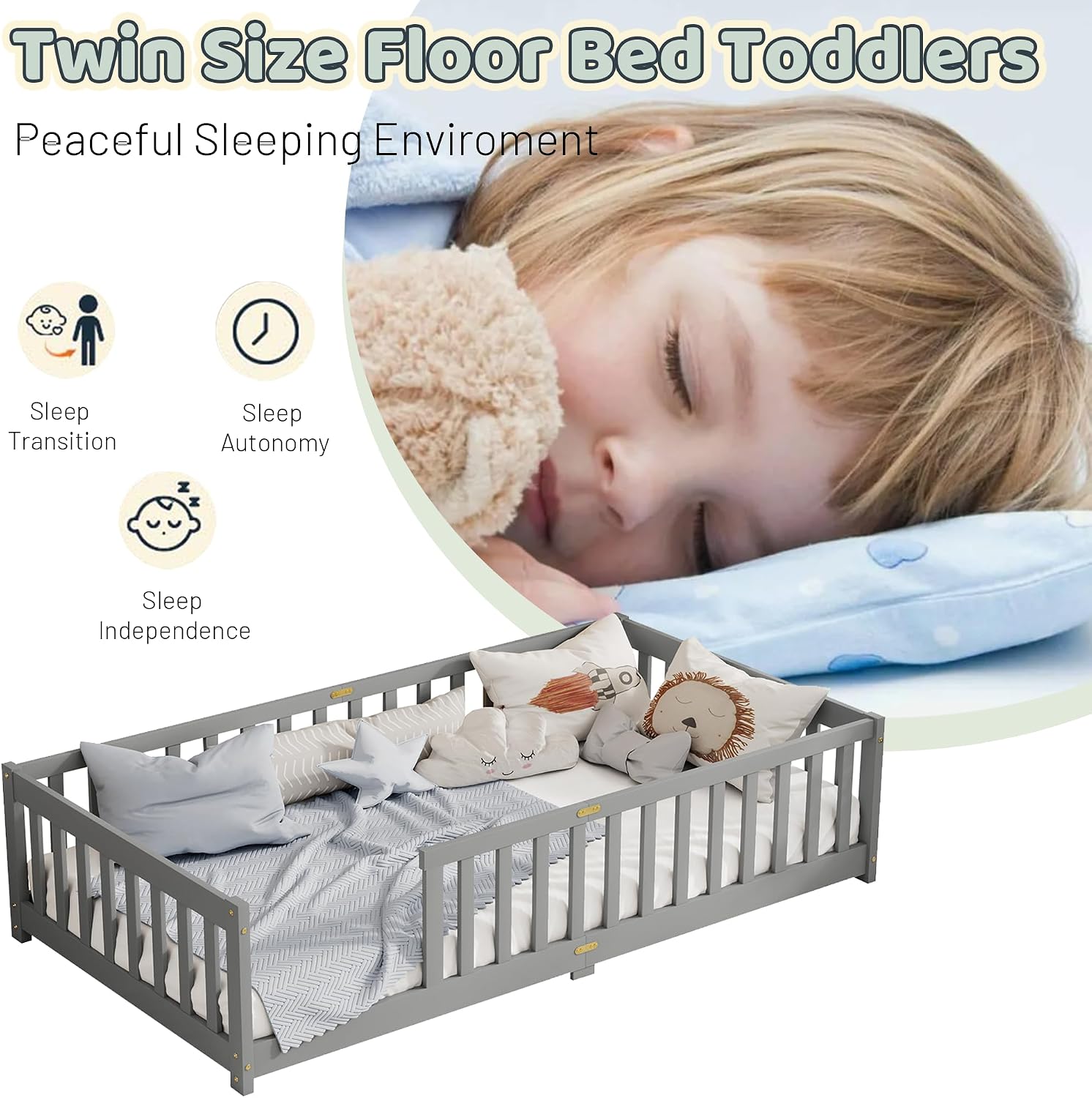 Twin Floor Bed with Safety Guardrails for Kids, Rubber Wood Montessori Bed with Slats, Twin Size Bed Frame for Girls and Boys,No Box Spring Needed,Grey