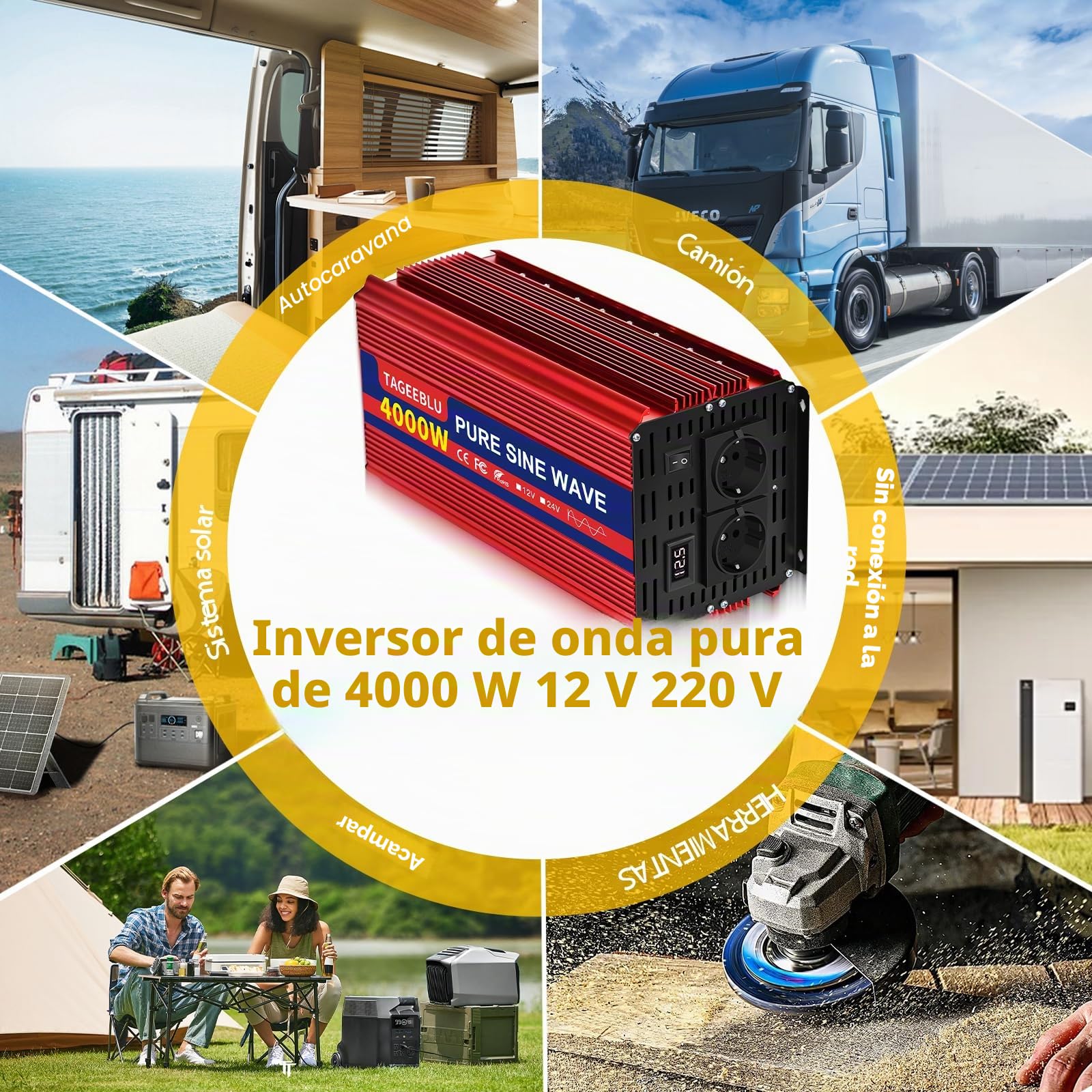 4000W inversor 12v 220v Onda Pura, convertidor 12v 220v con 2 AC Tomas, Pantalla LCD