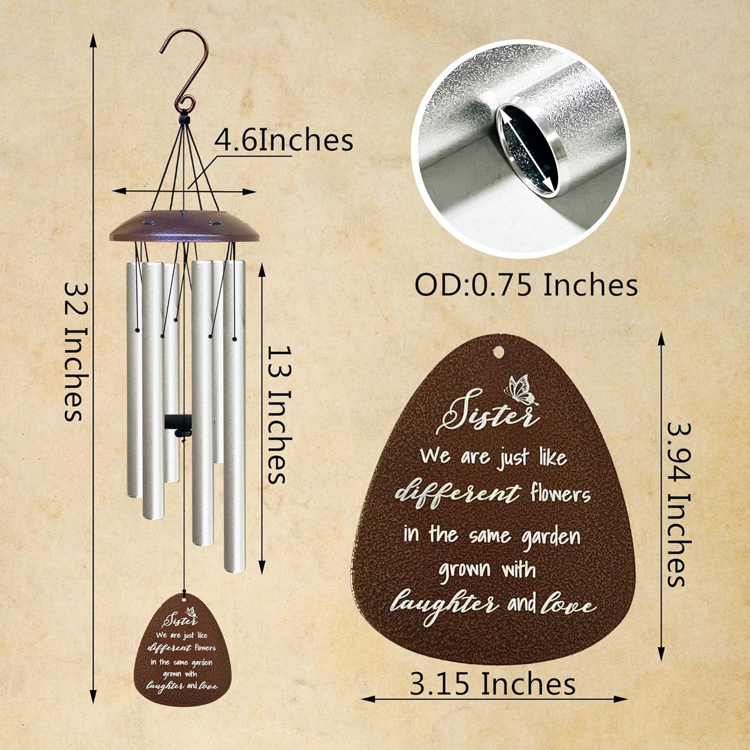 Sister Wind Chime Personalized with Name - Meaningful Garden Gift for Sisters, Unique Outdoor Decoration with Inspirational Quote