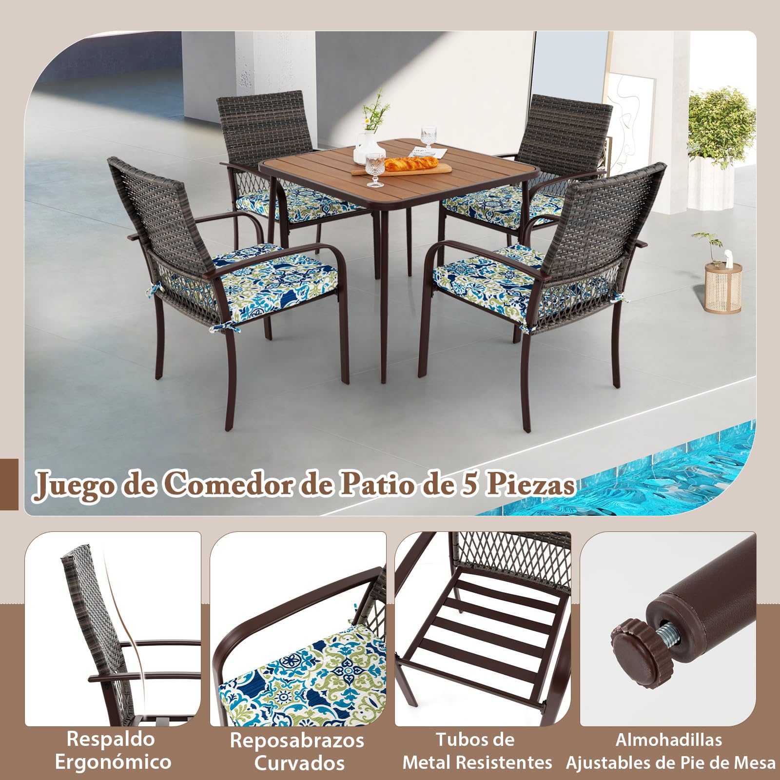 COSTWAY Conjunto Jardin Exterior de 5 Piezas, 4 Sillas de Ratán con Cojines y Mesa Cuadrada con Tablero de Madera Plástica y Agujero para Sombrilla, Muebles Comedor Jardin Terraza Balcon Exterior