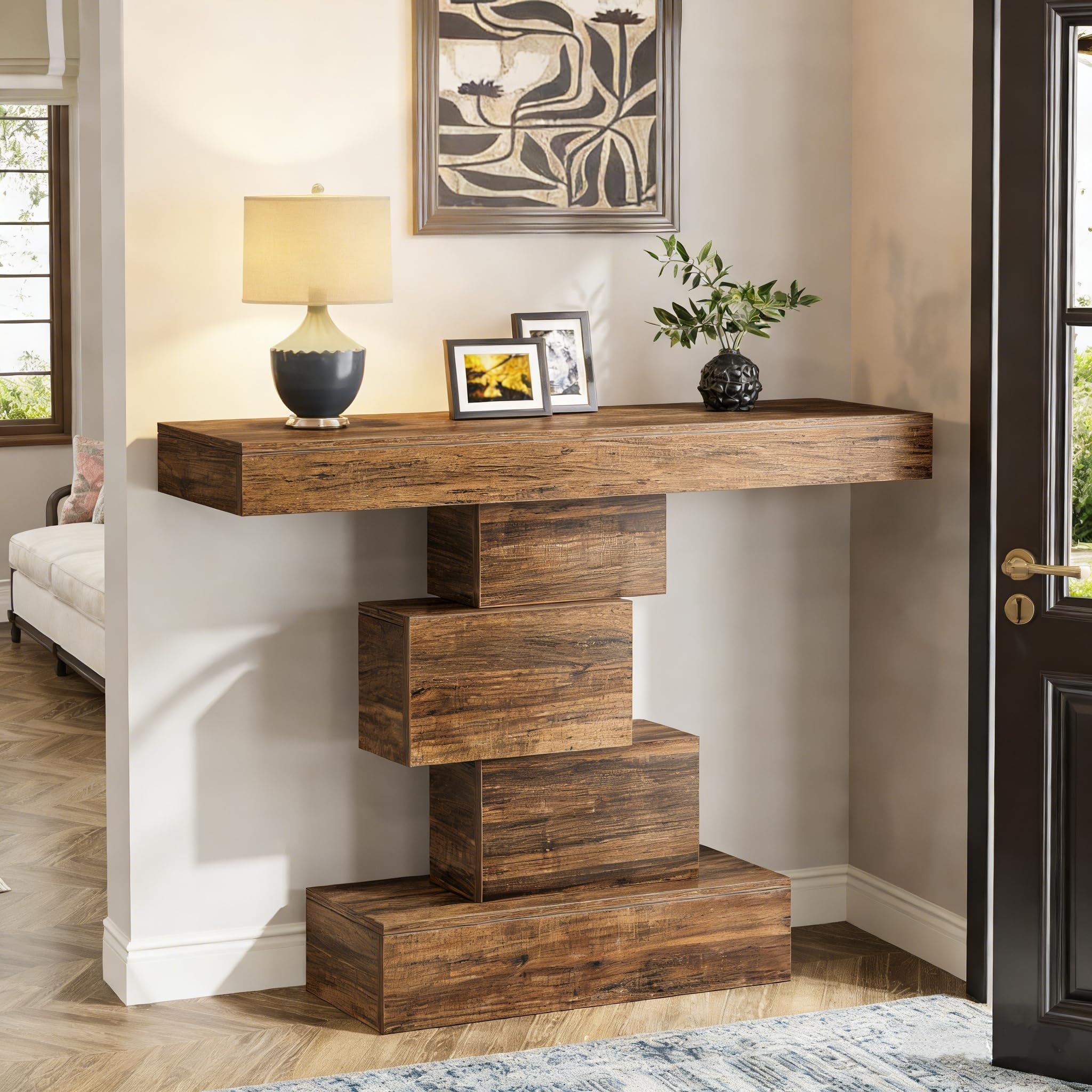 LITTLE TREE Rustic Wood Console Table, Reclaimed Timber, Geometric Stacked Design, 108cm x 80cm, Natural Brown Finish
