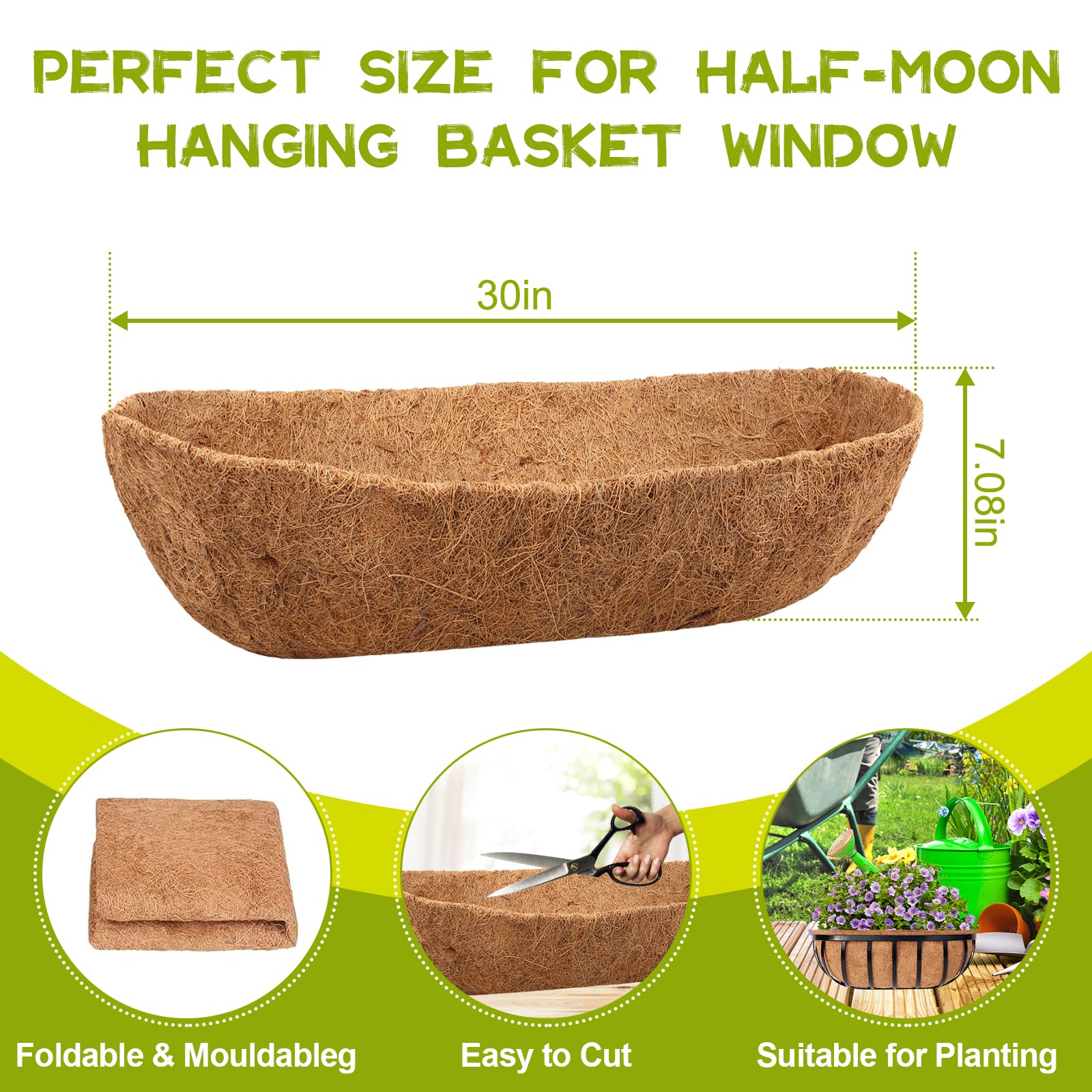 Riare 2 Pack 30 Inch Trough Coco Coir Liners for Planters, Pre-Formed Coconut Coir Replacement Liner Natural Coco Fiber Window Box Liners for Wall Planter, Window Basket Deck Railing Planter