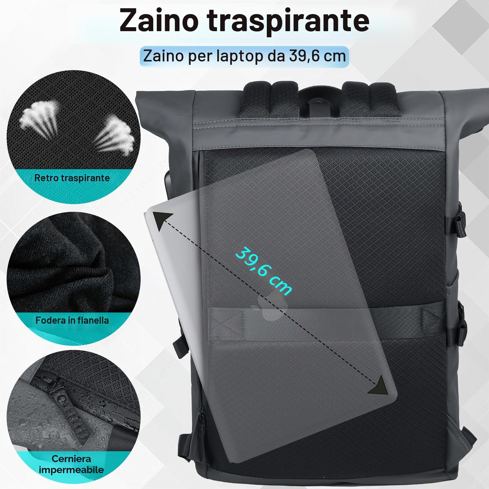 hk Zaino Rolltop 23L Impermeabile per Laptop da 15,6 Pollici | con Porta USB, Zaino Antifurto Leggero per Uomini e Donne, Ideale per Scuola, Università, Lavoro e Tempo Libero