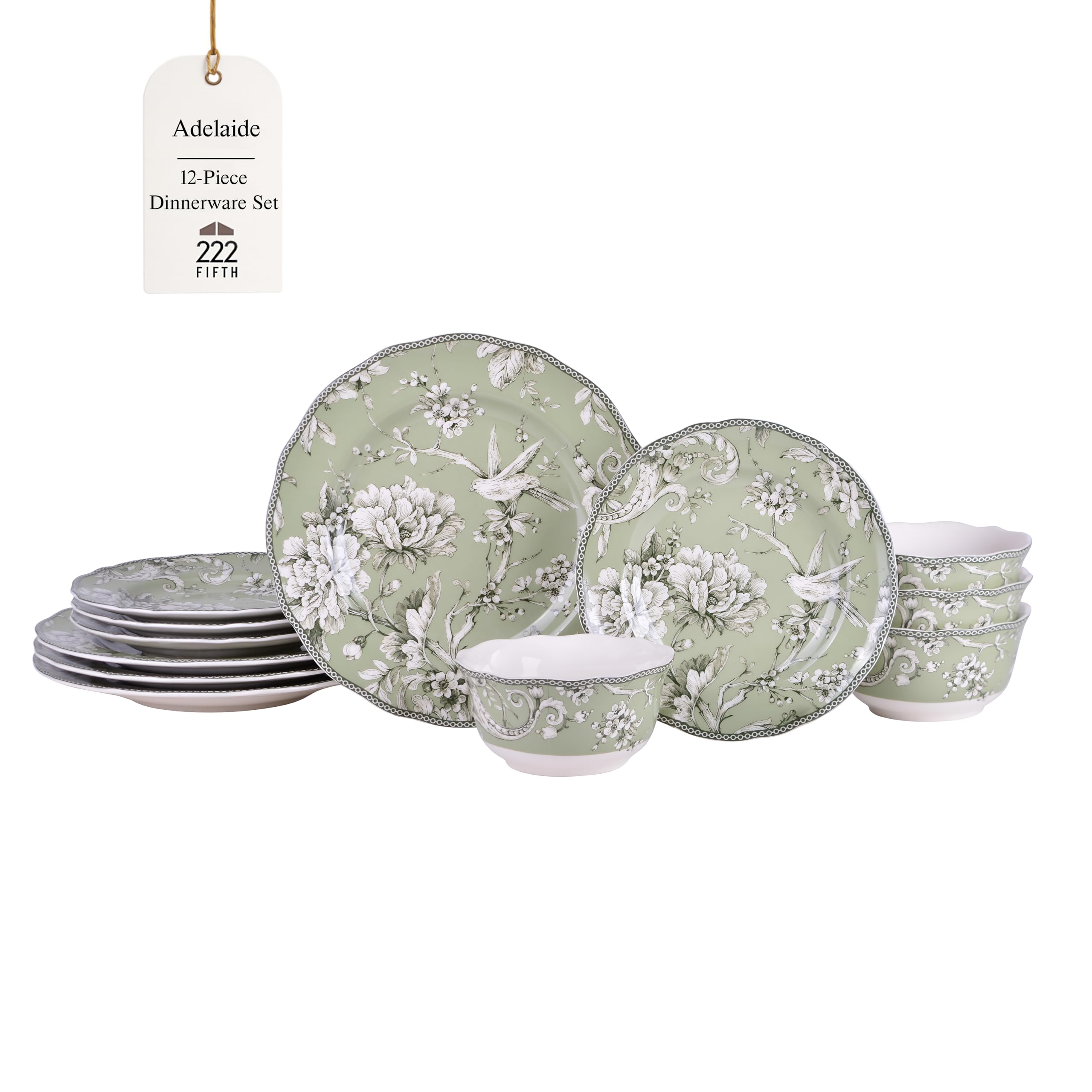 Adelaide Sage Porcelain 12-Piece Dinnerware Set – Service for 4, Includes Dinner Plates, Salad Plates & Cereal Bowls, Durable Porcelain, Dishwasher Safe, for Everyday Dining & Entertainment