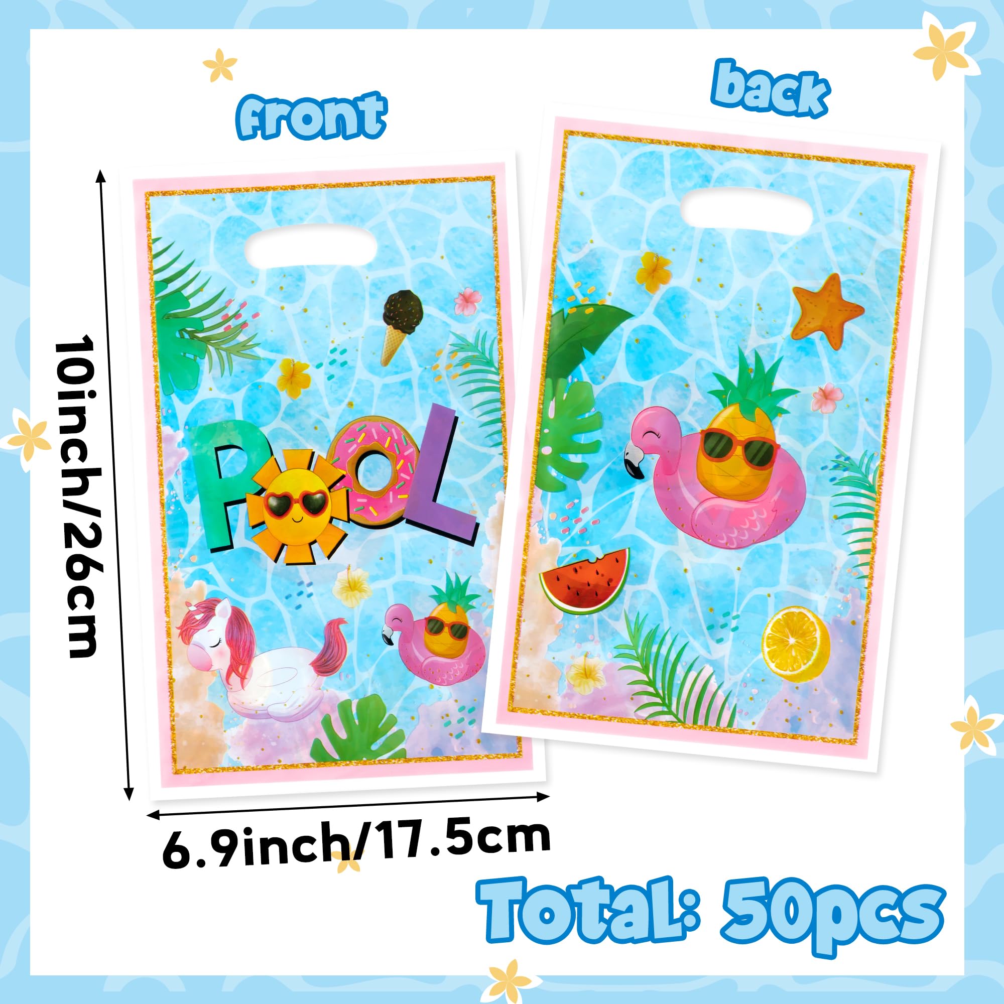 50Pcs Summer Pool Party Favor Bag - Poolside Party Flamingo Plastic Waterproof Goodie Bag Beach Ball Party Rectangular Gift Bags for Kids Birthday Baby Shower Decoration Party Favors Supplies