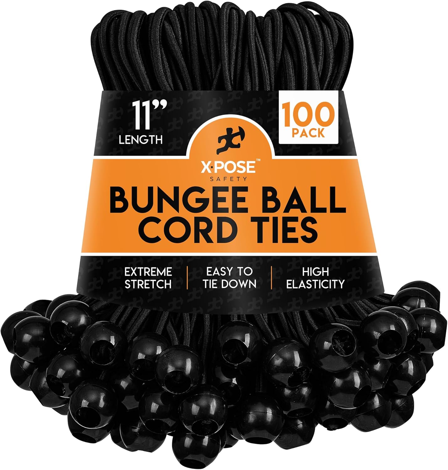 Xpose Safety Bungee Ball Cords 11" 100 Pack Heavy Duty Black Stretch Rope with Ball Ties for Canopies, Tarps, Walls, Cable Organization