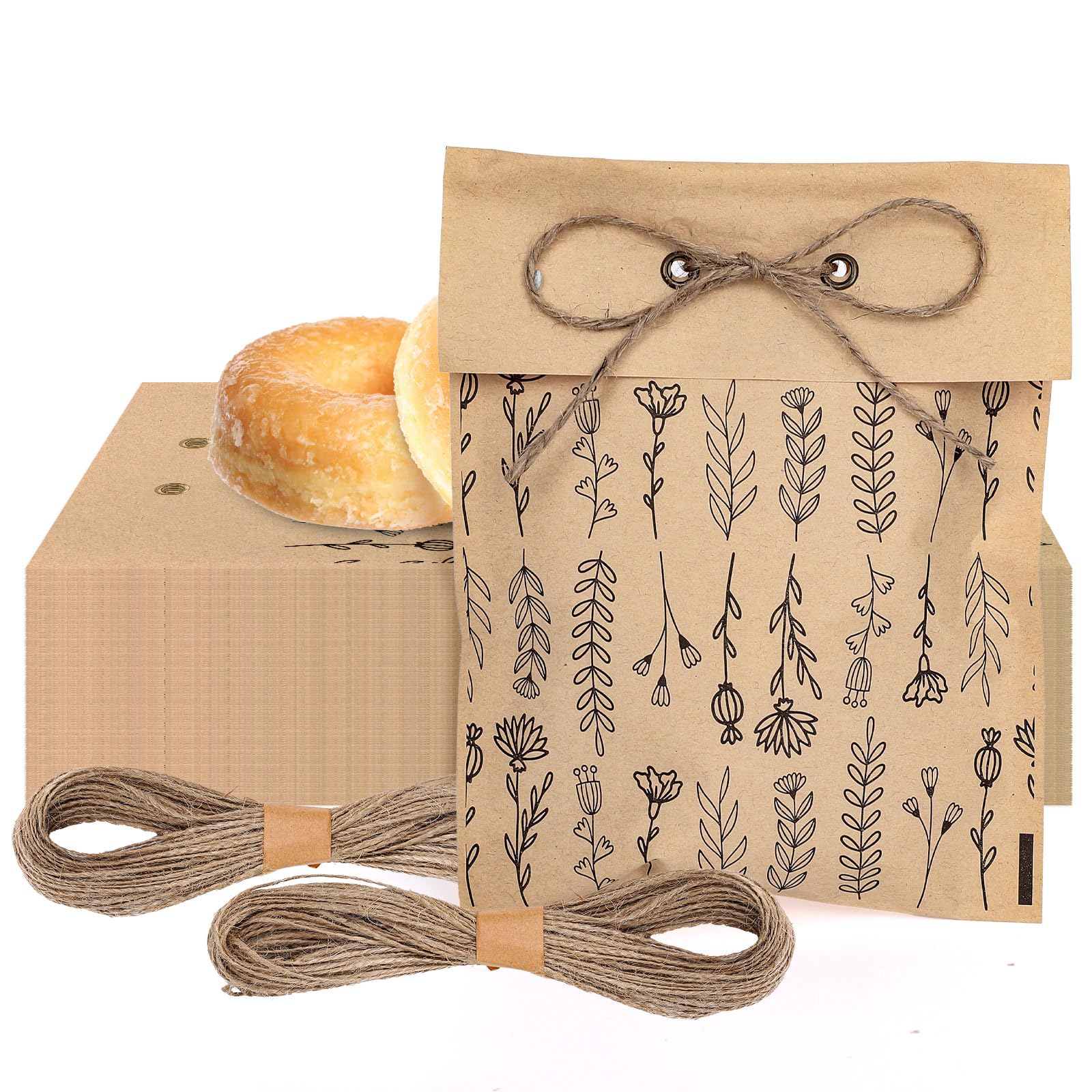 JarThenaAMCS 100Pcs Wildflower Paper Gift Bags with Hemp Rope Vintage Black Wild Floral Kraft Buffet Bag for Spring Summer Wedding Birthday Party Supplies