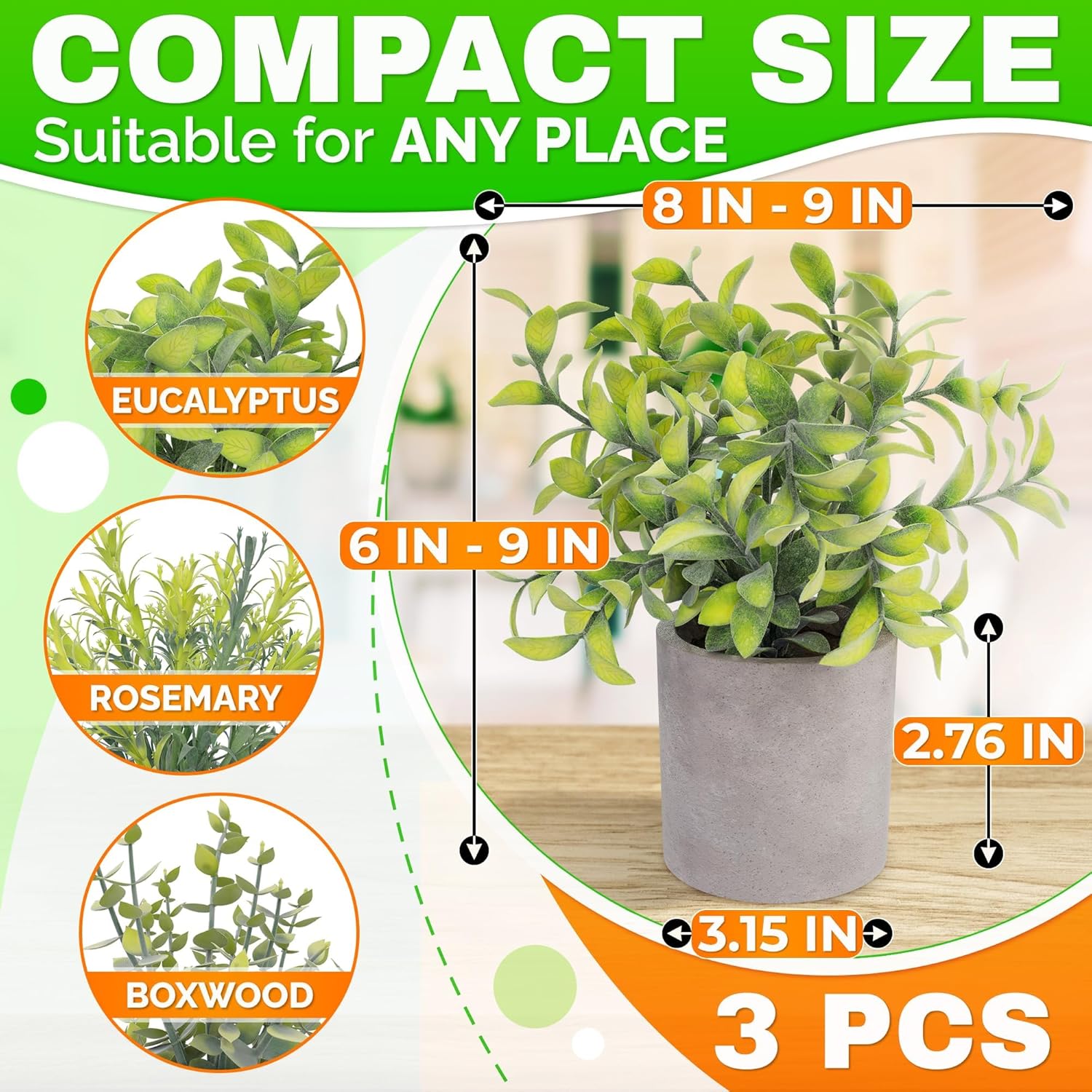 3-Pack Small Artificial Plants - Fake Desk Plant for Office, Business, or Home Decor, Lightweight & Durable, Compact Size and Variety (Eucalyptus, Rosemary, and Boxwood), Long-Lasting & Fade Resistant
