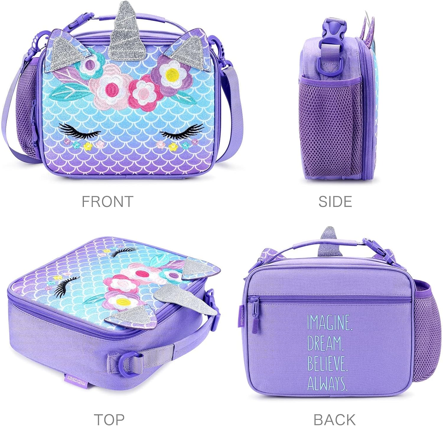 mibasies Unicorn Lunch Bag Kids Insulated Lunch Box for Girls with Water Bottle Holder and Shoulder Strap (Mermaid Blue Purple)