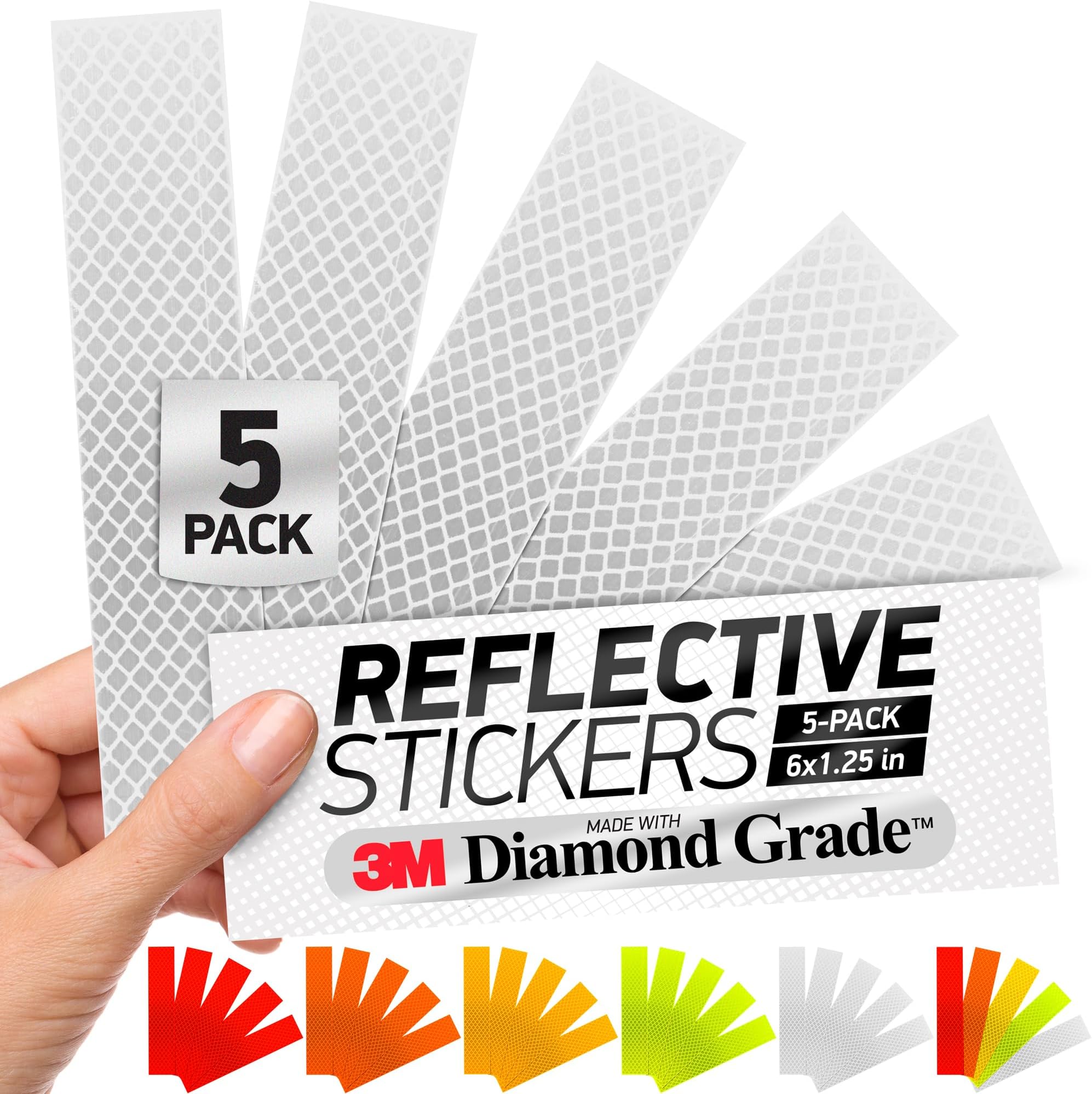 Reflective Stickers | 3M Diamond Grade | White | 1.25″ x 6″ | 5-Pack | Reflective Safety Tape for Helmets, Cars, Mailboxes & More