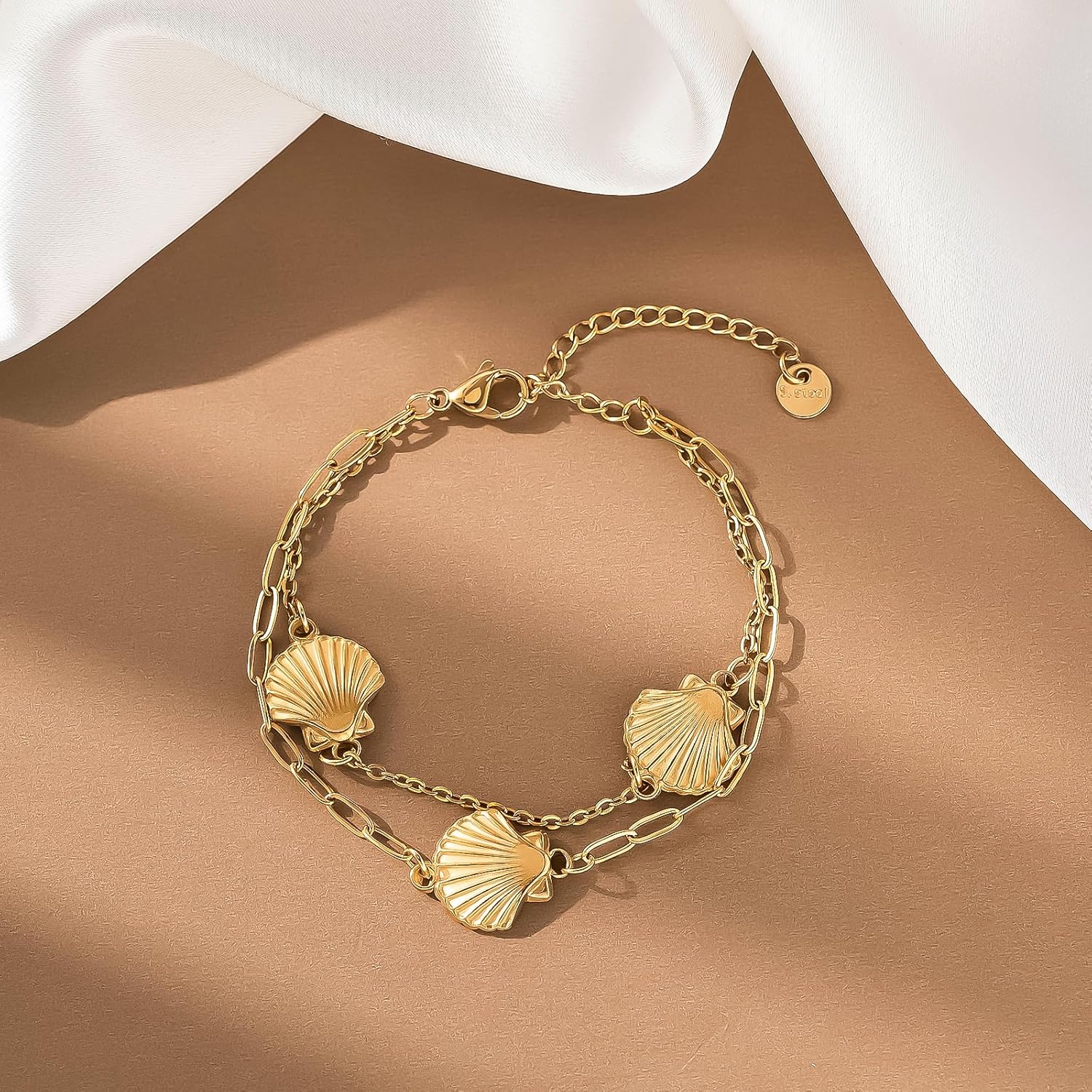 Summer Beach Layered Stainless Steel Bracelets for Women Bohemian Gold Ocean Charm Seashell Adjustable Paperclip Chain Bracelet for Summer Beach Party Holiday Vacation Jewelry Gift - Image 2