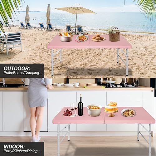 Miniatura 34 de Mesa plegable de plástico portátil de 4 pies/6 pies/8 pies, mesa de comedor de picnic blanca y negra, plegable por la mitad para campamento, fiesta