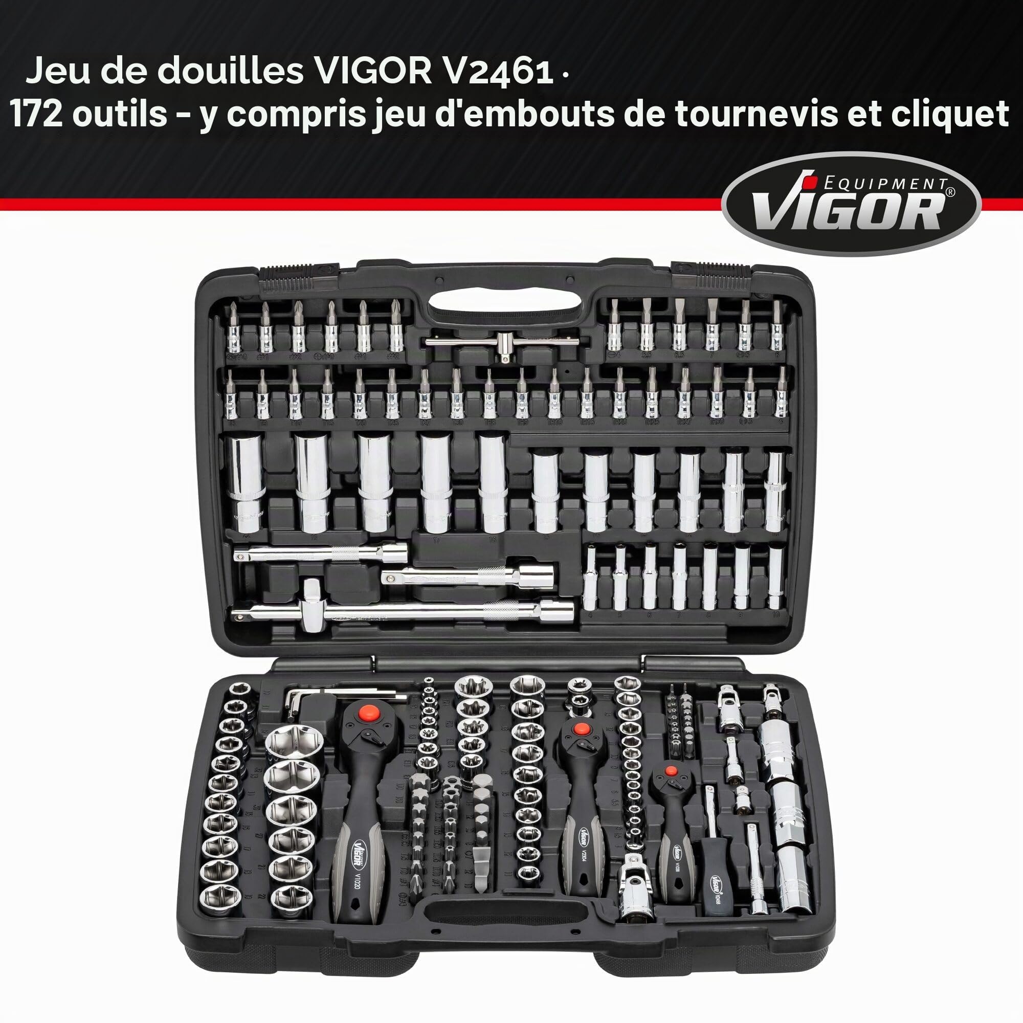 Jeu de clés à douilles ViGOR V2461 I Jeu d'outils de 172 pièces, entraînement : hexagonal et carré, profils de sortie entre autres : hexagonal intérieur et extérieur, cruciforme, à fente et Pozidriv'.