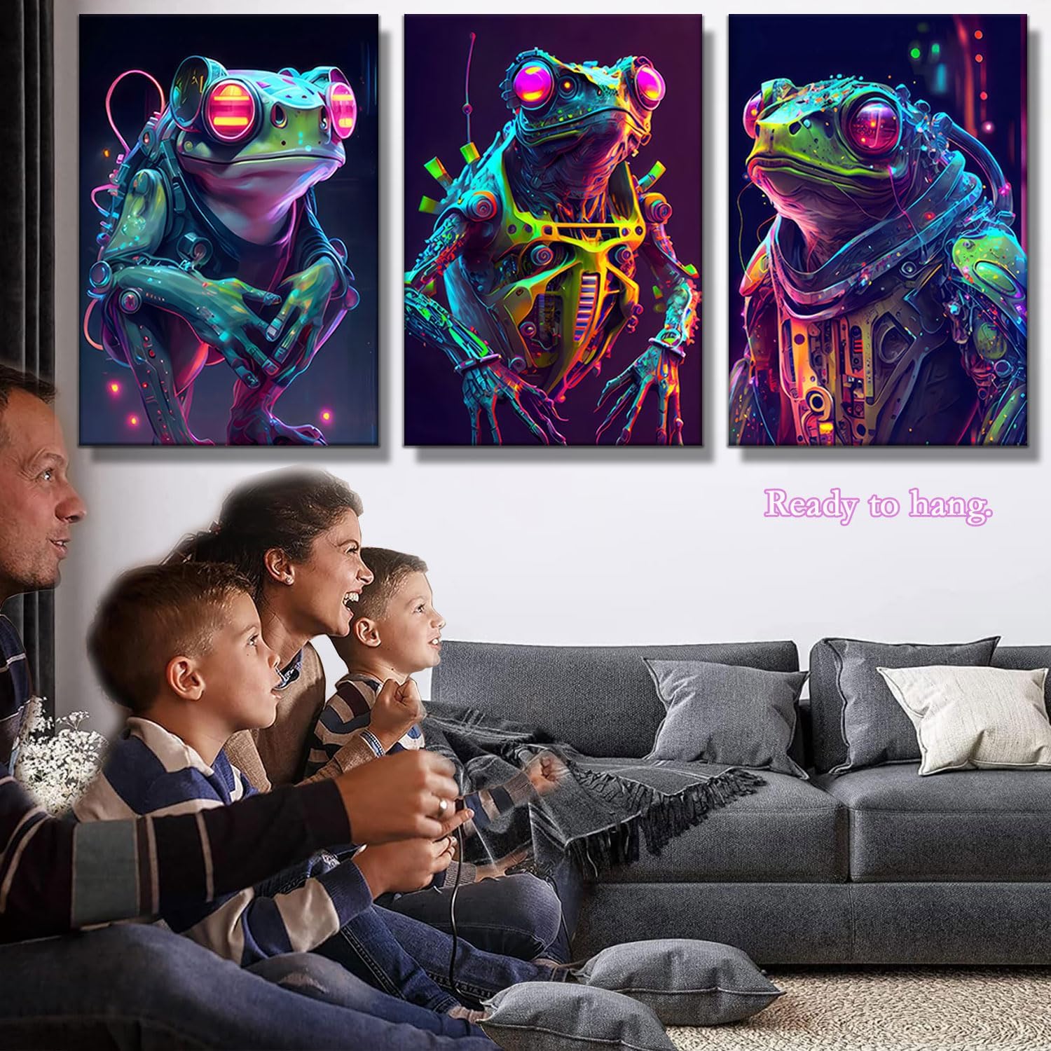 Framed Video Game Decor Set of 3 Boys Room Canvas Wall Art for Bedroom Gaming Playroom Cyberpunk Frog Soldier Canvas Wall Art Framed Prints for Boys' Gaming Room Decor - Ready to Hang (12x16x3)