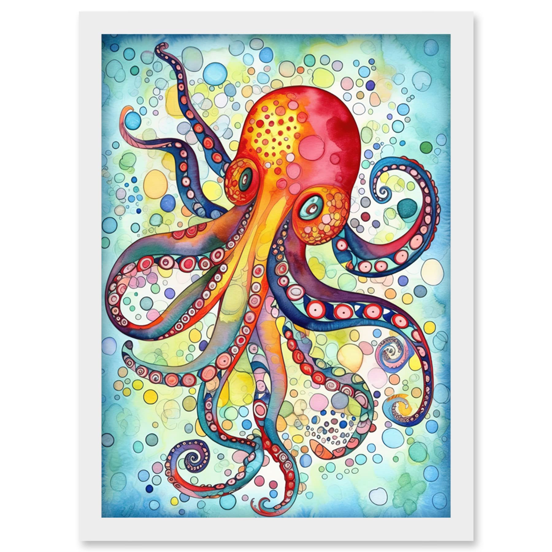 Artery8 Octopus Swimming In Air Bubbles Folk Art Watercolour Painting Artwork Framed Wall Art Print A4