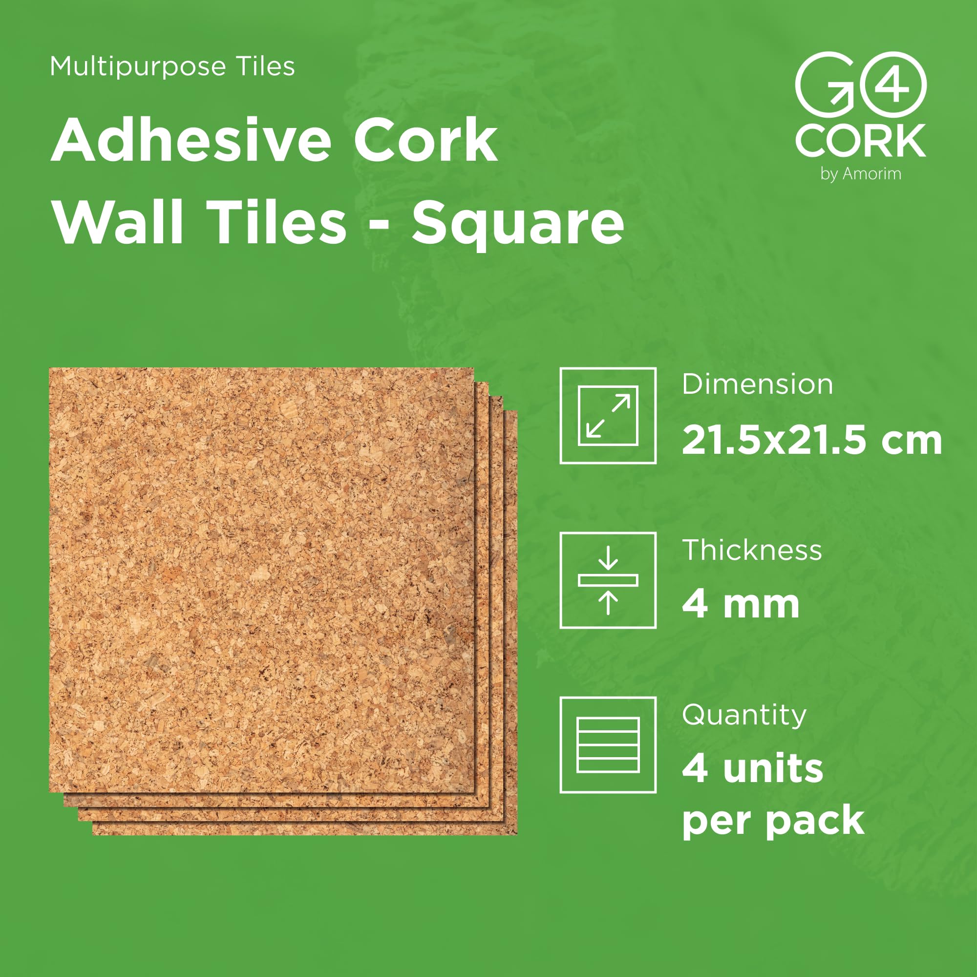 Go4Cork Square PremiumCork Tiles - 8.5" x 8.5", Pack of 4, Natural, 215x215x4mm - Image 2