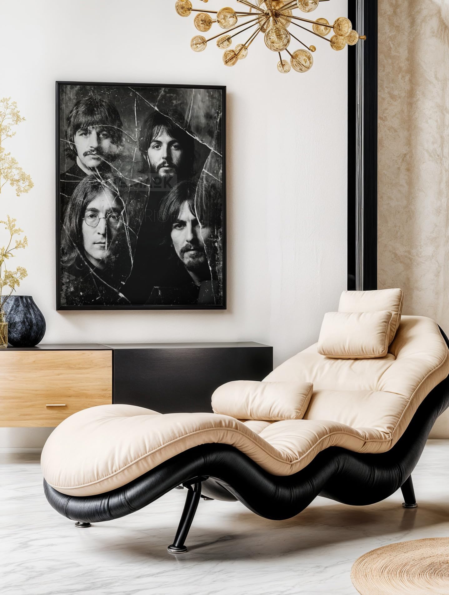 Tomaok® - Poster Stampa poster d'arte (cornice non fornita) Gruppo musica pop rock Les Beatles in composizione bianco e nero, ritratto specchio rotto, decorazione art murale