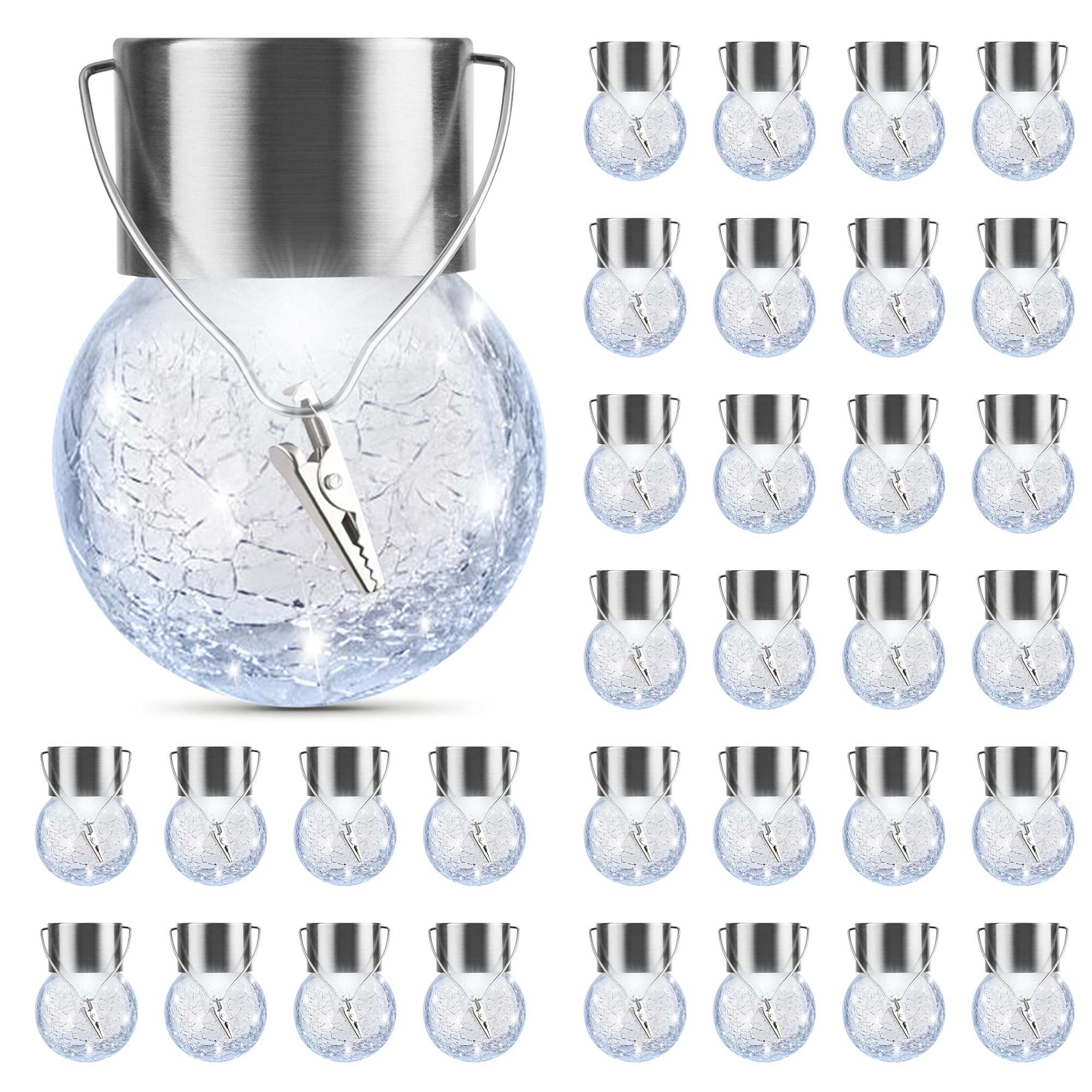 PARTPHONER 32 Pack Hanging Solar Lights Outdoor, Waterproof Solar Globe Lantern with Handle and Clip, Decorative Cracked Glass Ball Lights for Christmas Decor, Tree, Yard, Garden, Patio (Cold White)