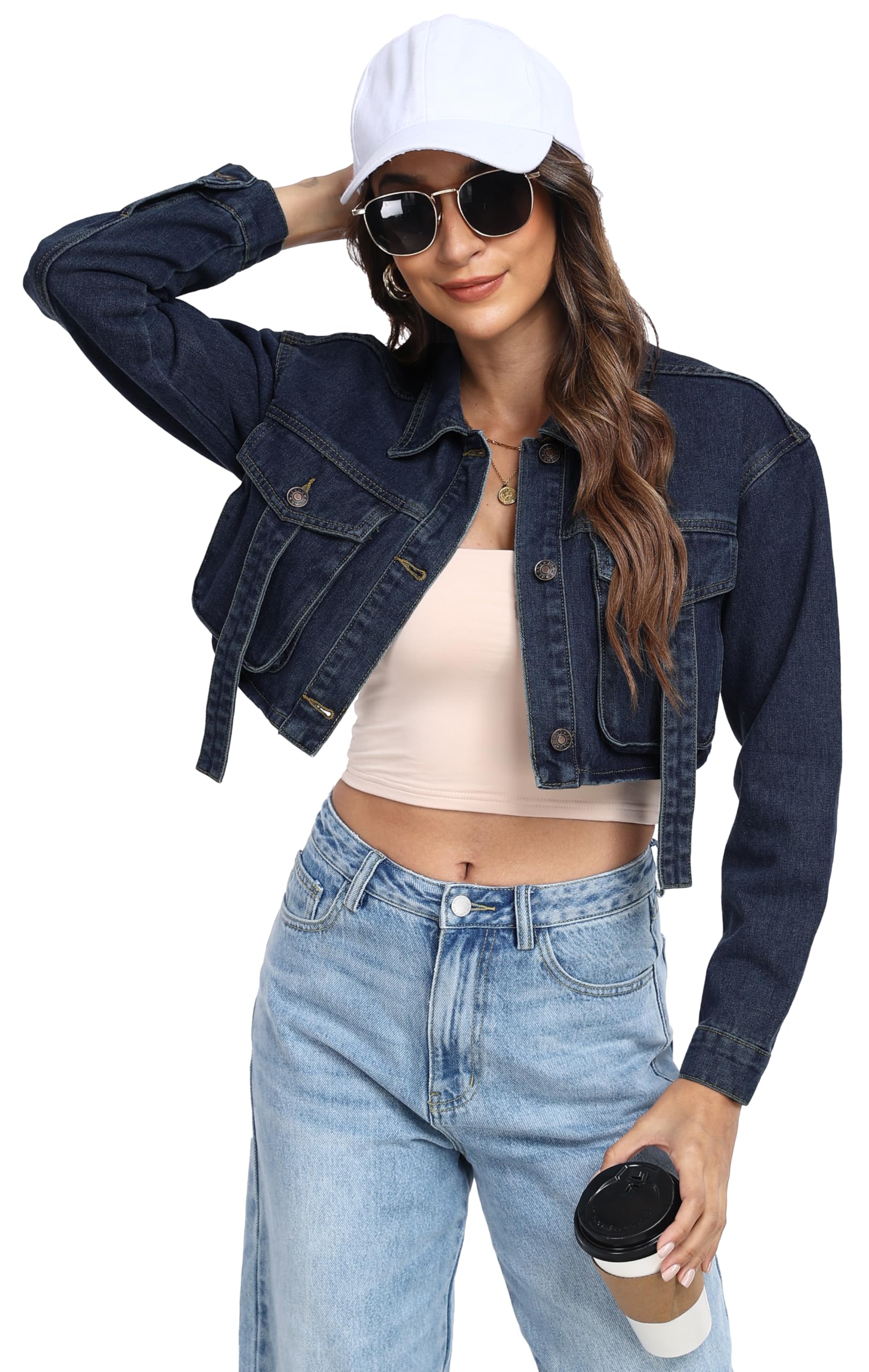 andy & natalie Womens Jean Jacket Cropped Fashion Button Down Denim Jackets Short Shacket Outfit