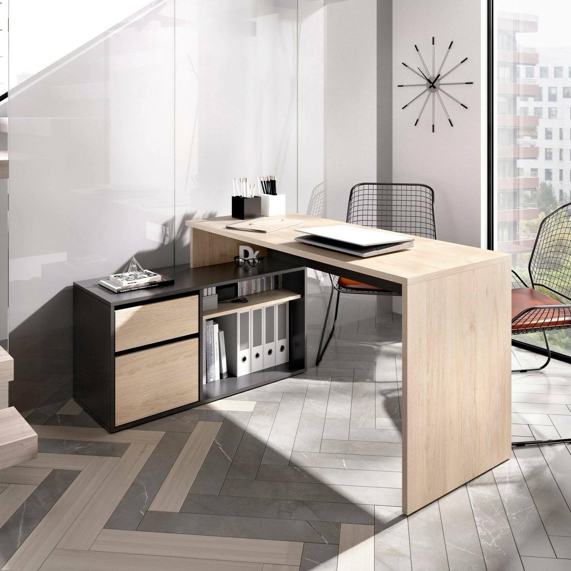 Bureau d'angle Gardena pour petits espaces, table d'étude gain de place chêne anthracite