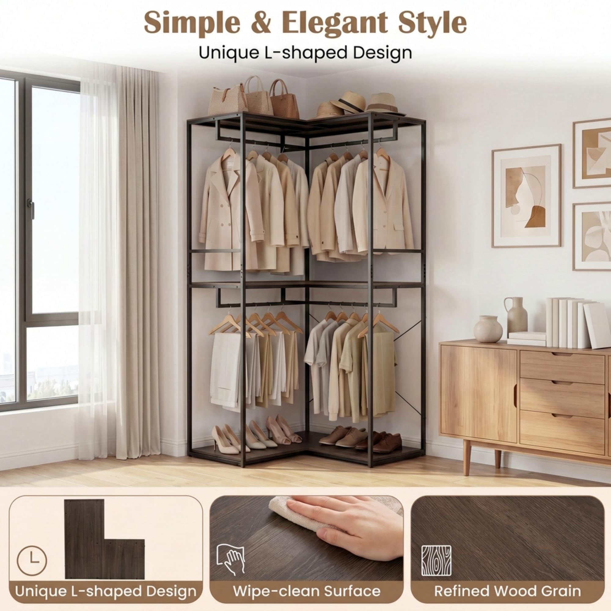 HOMASIS Stand Appendiabiti Angolare, Attaccapanni da Terra con 3 Ripiani Aperti, 4 Barre Portabiti, Guardaroba Industriale con Struttura in Metallo per Ingresso e Camera da Letto, 100 x 100 x 200 cm