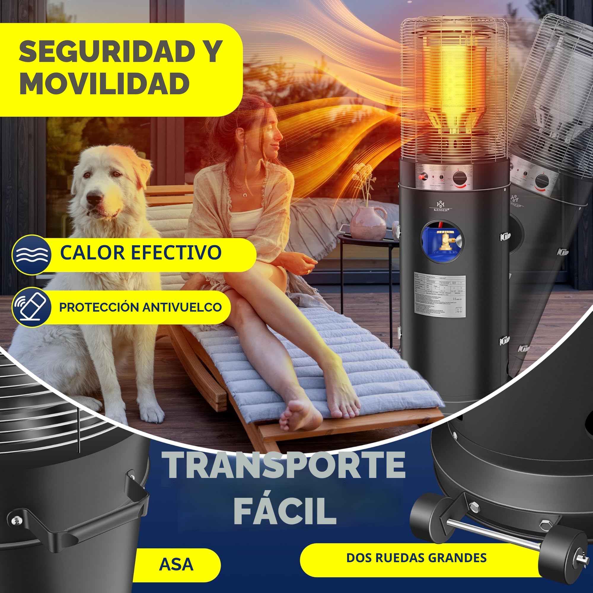KESSER® Calefactor radiante de gas KE12, calefactor de patio, de exterior, 12,5 kW de gas, radiante, incl. cubierta projoectora acero inoxidable, negro