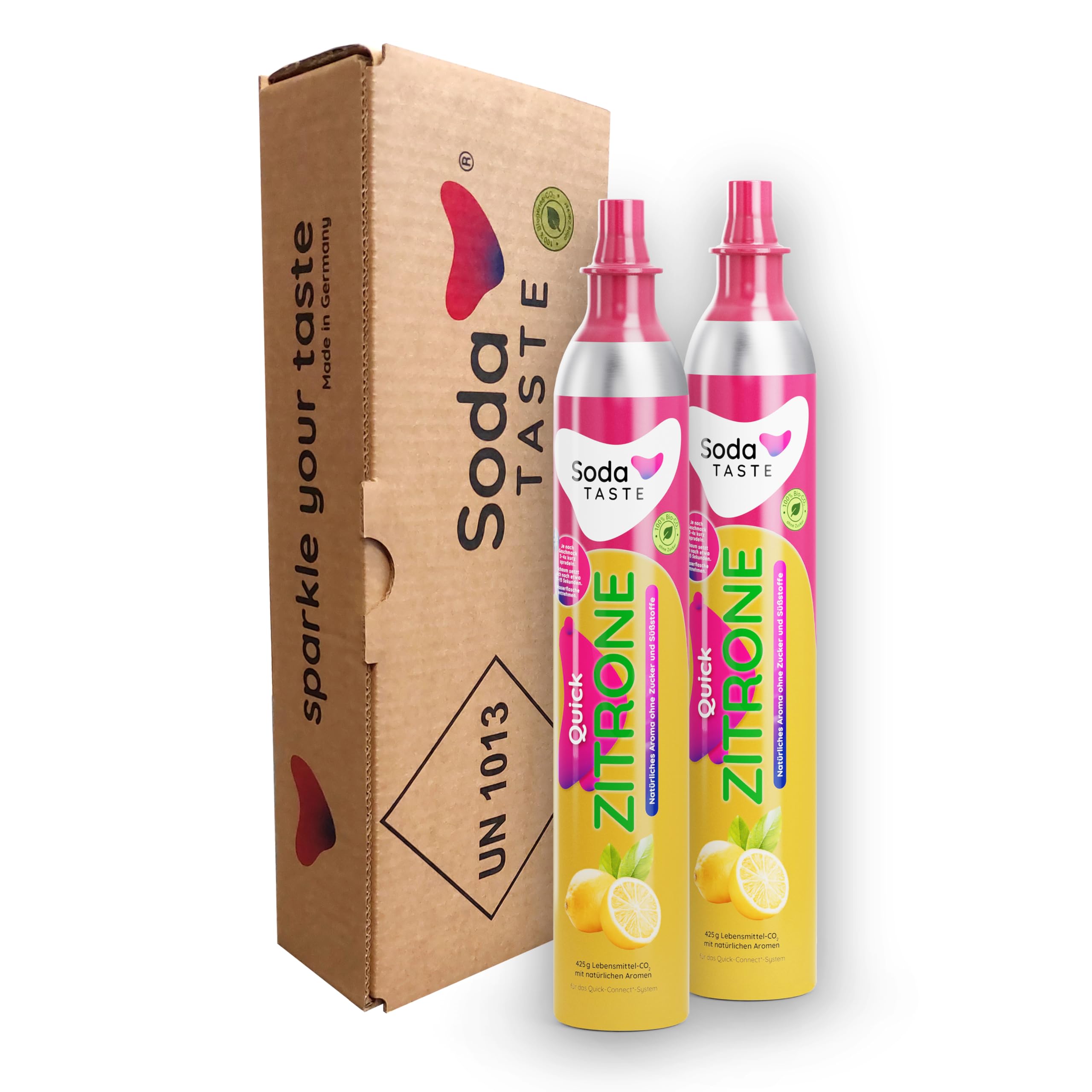 SodaTASTE Quick Zitrone CO2-Zylinder kaufen 2er-Pack (Reservezylinder) für Wassersprudler mit Quick Connect System mit natürlichem Zitronenaroma ohne Sirup, zuckerfrei