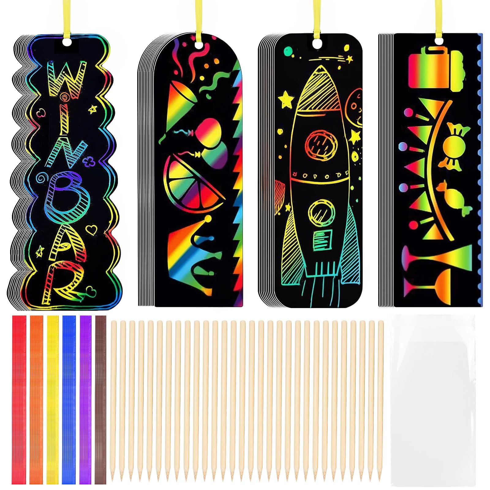 210pcs 4 Styles Scratch Art Set, Magic Rainbow Bookmarks with Scratching Tools＆Satin Ribbons, Scratch Art for Adults Christmas Birthday Creative Gift