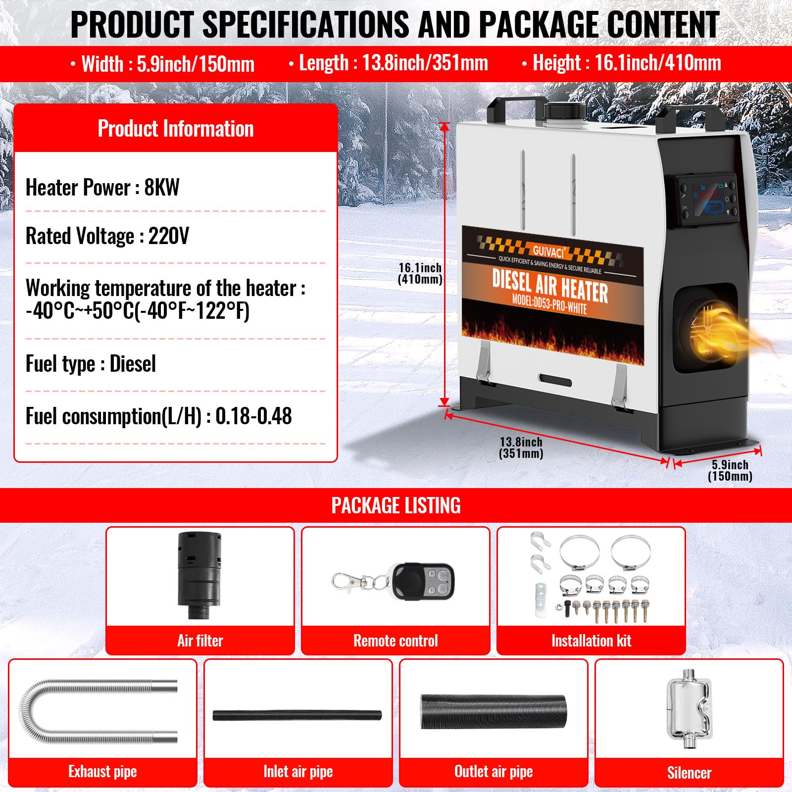 Chauffage Diesel 8 kW, Réchauffeur d'Air Diesel 12V/24V & 110-240V, Vertical Tout-en-Un Portable, avec Télécommande et Écran LCD, Faible Bruit, 0,16-0,62 L/h, 20-25 m², pour Camping-Car, Camion, Bus