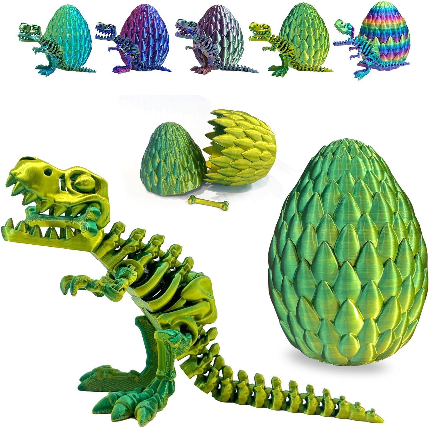 Easter Eggs Filled with Dinosaur Toys, 3D Printed Animals Mystery Crystal Dragon Egg with Articulated Tyrannosaurus Rex, Easter Basket Stuffers Fidget Toy for Adults Kids (YellowGreen)