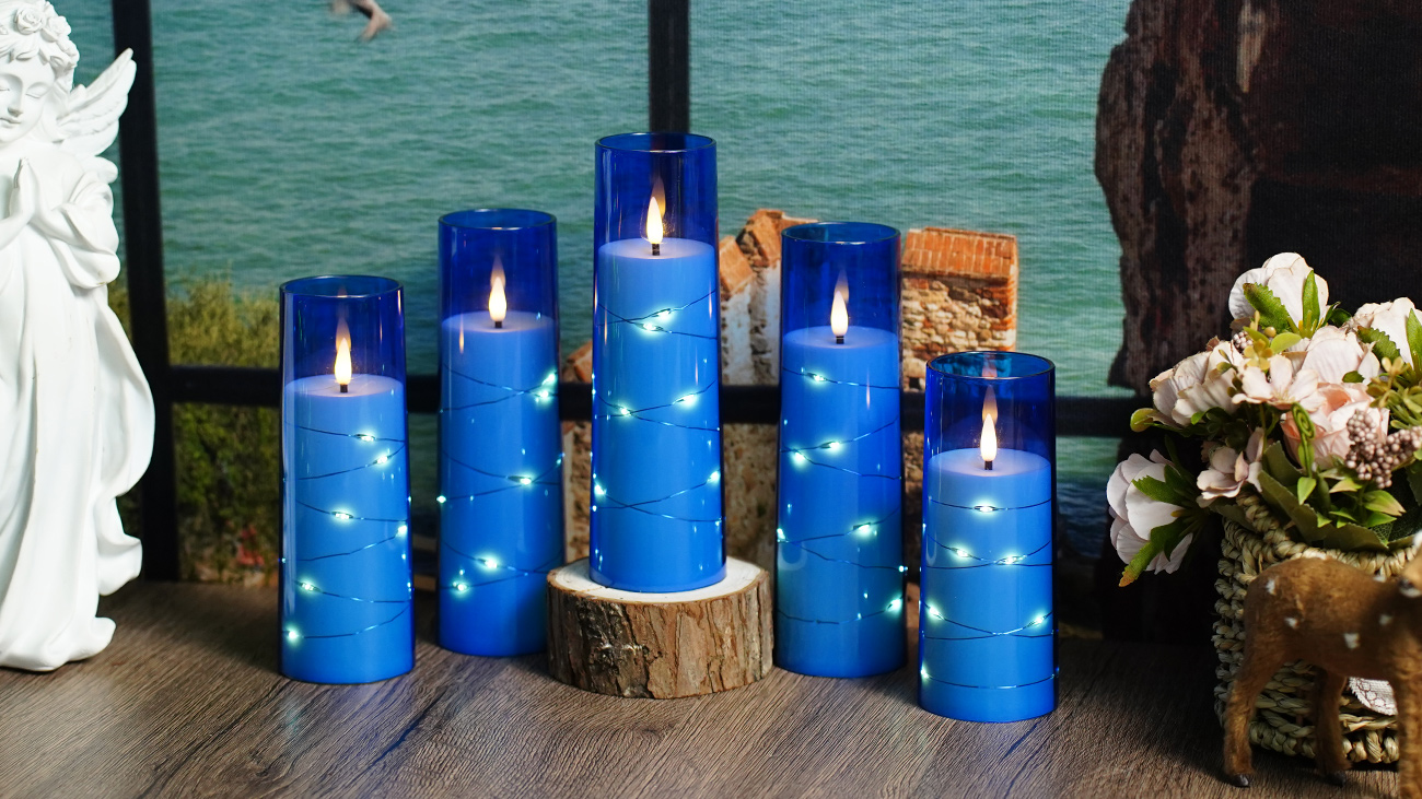 Image of Nimiko Flickering Flameless LED Candles,Battery Operated Candles 9 Pcs with Embedded Star String,Acrylic LED Pillar Candles with Remote,Suitable for Home Decoration to Create an Atmosphere (Blue)