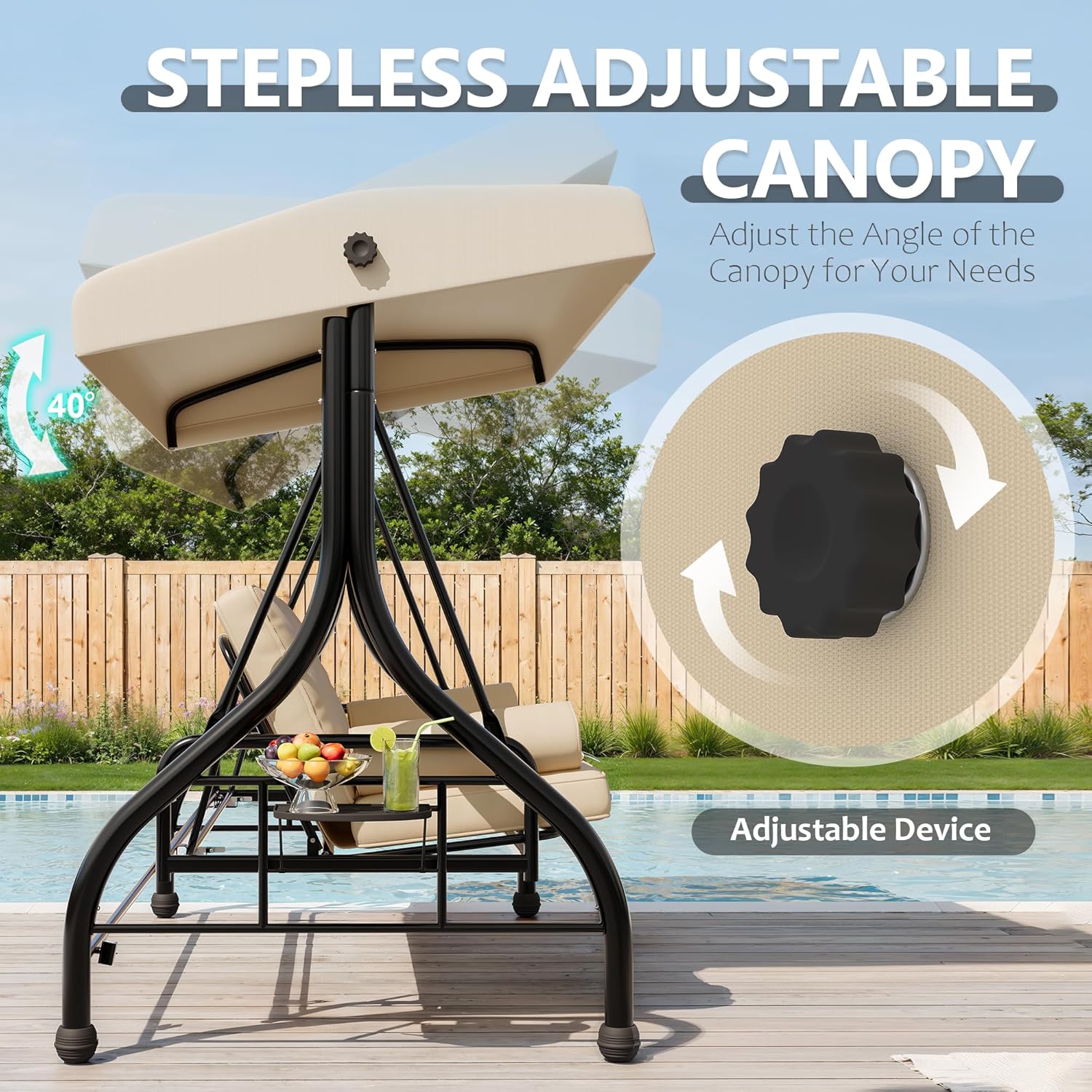 Outdoor Porch Swing with Adjustable Canopy, 3-Seat Patio Swing Chair with Stand, 800LBS Heavy Duty Outdoor Swing for Adults with Cup Holder Tray, Patio Swings with Canopy for Garden,Khaki (NO PILLOWS)