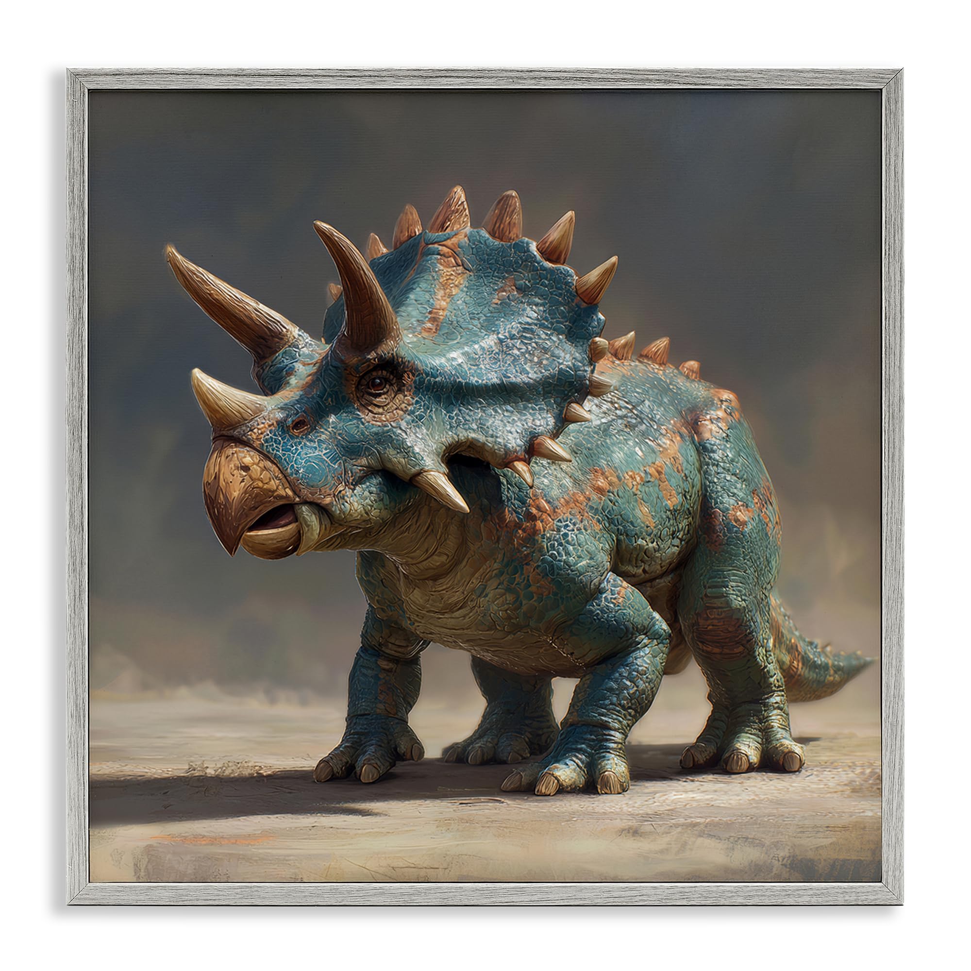 Stupell Industries Farmhouse Gray (Textured) 'Horned Triceratops At Sunrise'| Framed Giclee Art