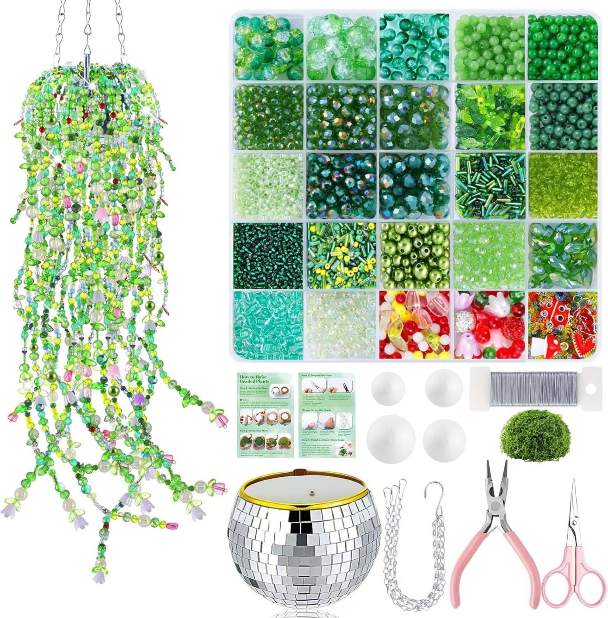 Perlenpflanzen DIY Set mit Grüne Perlen Töpfen Werkzeugen und Anleitung | Grüne Glasperlen zum Auffädeln, 10 cm Disco Kugel Topf, Perlen-Set für Pflanzen-Liebhaber und Bastler