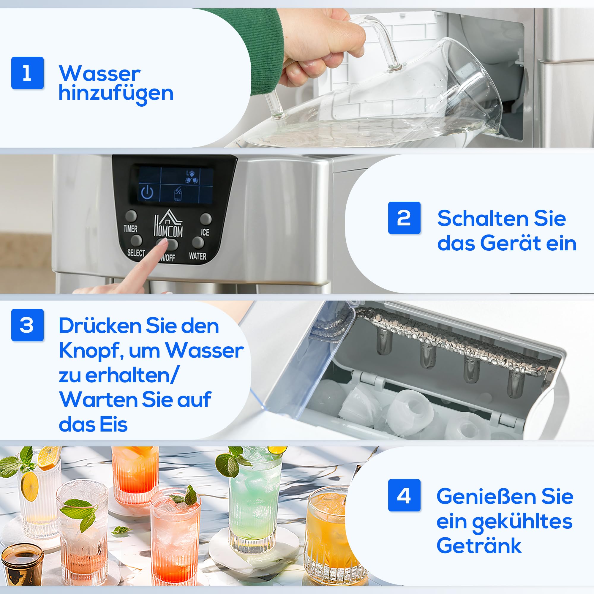 HOMCOM Macchina per cubetti di ghiaccio, 9 cubi, pronta in 6-10 minuti, 12 KG/24 H, stazione d'acqua con serbatoio d'acqua da 3 l, per cucina, ufficio, bar e feste, argento
