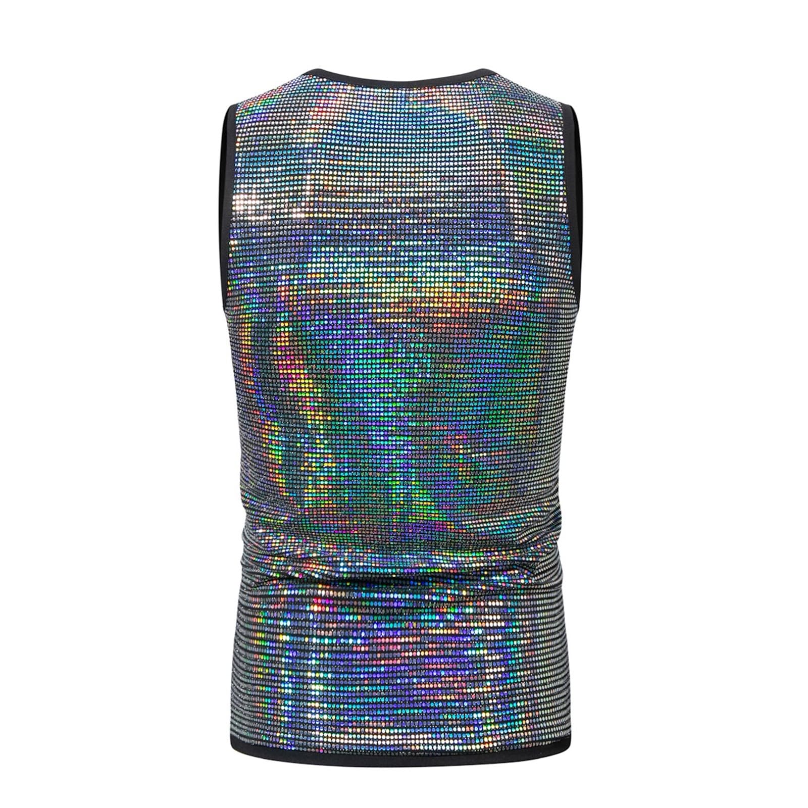 Herren-Tanktop mit Pailletten, glänzendes, metallisches ärmelloses T-Shirt, Rundhalsausschnitt, glitzernde Westen, Disco-Party, Pailletten-Westen, schmale Passform, Glitzer-Tanktops für Nachtclub,
