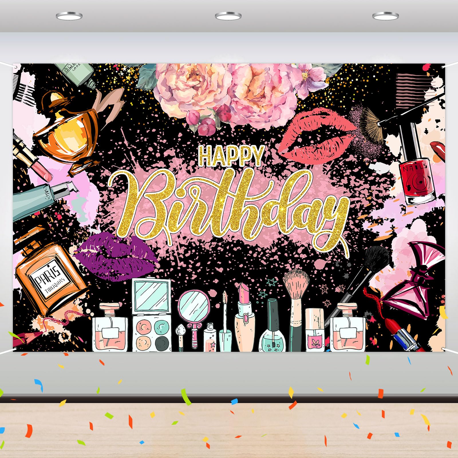 RoadSea Makeup Birthday Backdrop Banner - Girl Women Makeup Artist Birthday Party Background - Spa Birthday Party Photography Background Decoration