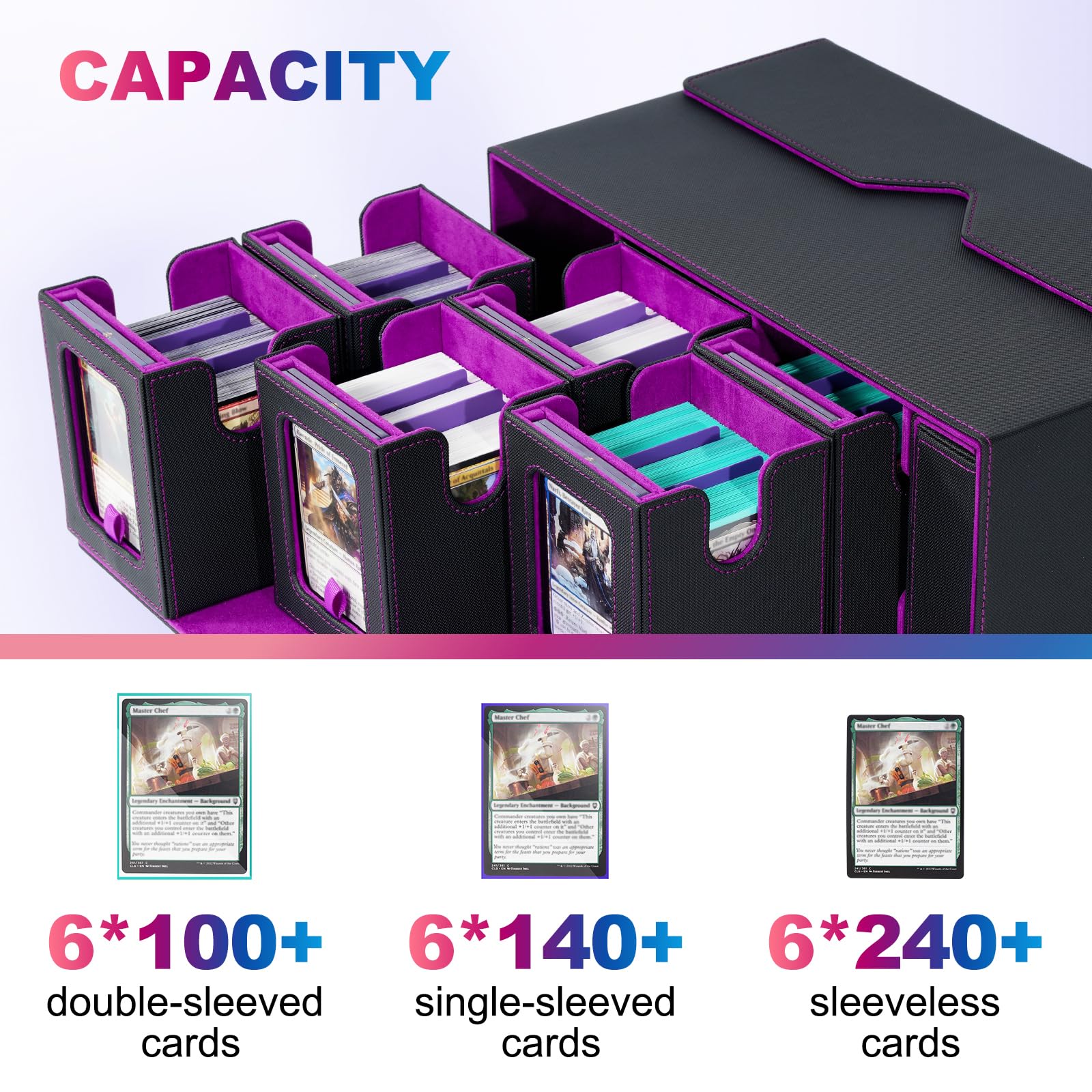 Amazon.com: UAONO Commander Deck Box for MTG, 6-Deck Modular Card Case with  Dice Tray Holds 600+ Double-sleeved Cards, Removable Trading Cards Storage  Box with 35PT Magnetic Card Holders for TCG, Black Purple :