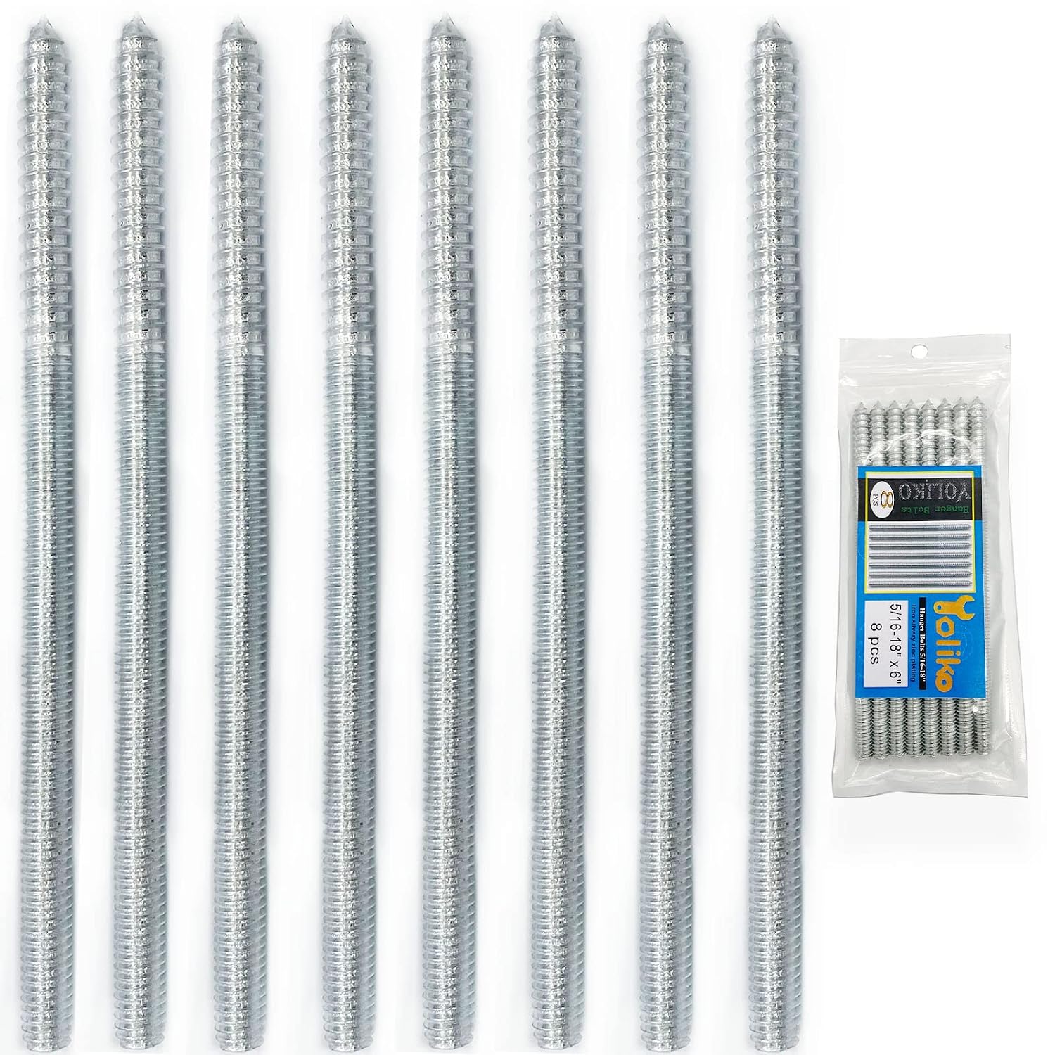 8 Pack 5/16-18 x 6 Inch Hanger Bolts - Double Headed Silvery Wood Dowel Screw - Self-Tapping Furniture Screws - 150mm Length Double Threaded Rods
