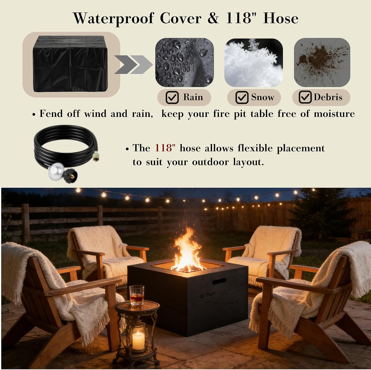 24" Square MGO Propane Fire Pit Table, Outdoor Fire Pit Black with Steel Burner, 40000 BTU, Adjustable Flame, Lava Rocks, and Rain Cover