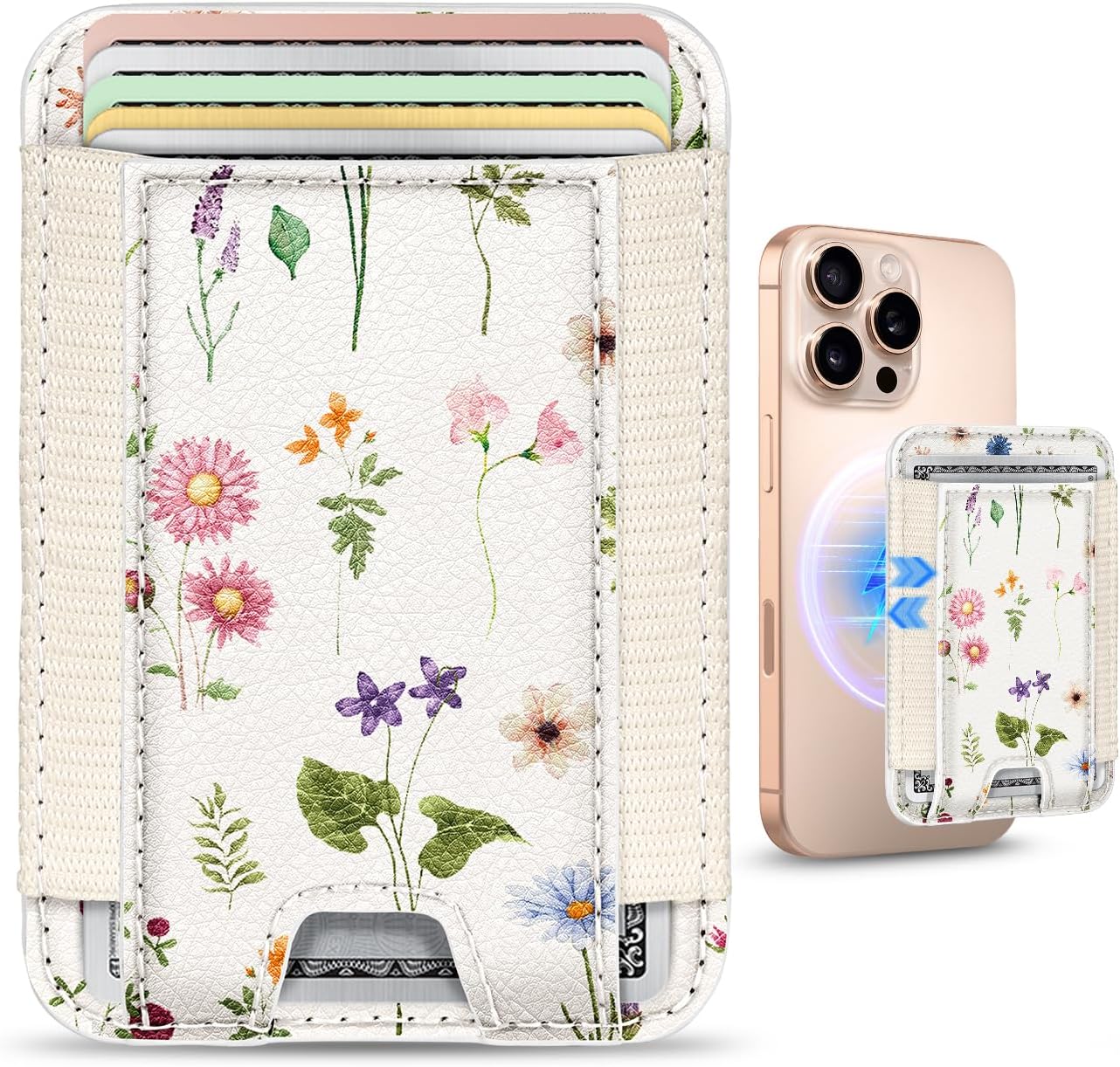 Shorogyt Compatible with Magsafe Wallet - for Magnetic Leather Card Holder Line Flower Design for Women Girls for iPhone 17/16/15/14/13/12 Series Cute Aesthetic Card Wallet with Elastic, Fit 7 Cards