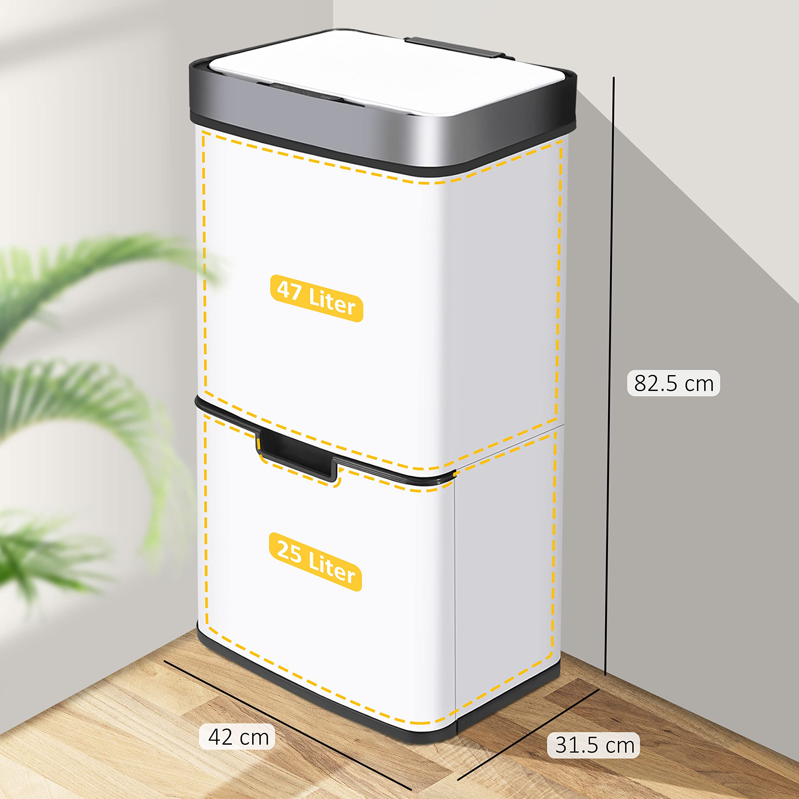 Ribelli Ze stali nierdzewnej – systemy segregacji śmieci z 3 + 1 przegródkami – kosz na śmieci z czujnikiem – 72 l (2 x 12 + 1 x 48 l) – designerski kosz na śmieci ze stali nierdzewnej – biały