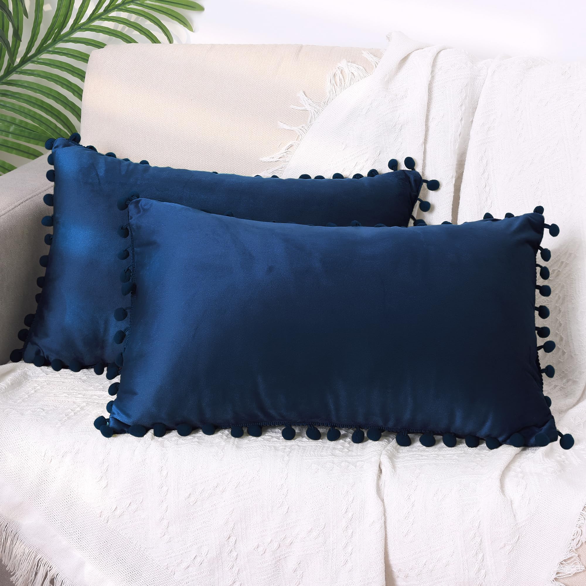 Uxcell Pack of 2 Velvet Throw Pillow Covers with Pompoms Decorative Pillow Cases Fringe Cushion Covers Velvet Square Sham for Farmhouse Bedroom Living Room Dark Blue 30 x 50 cm - Image 2