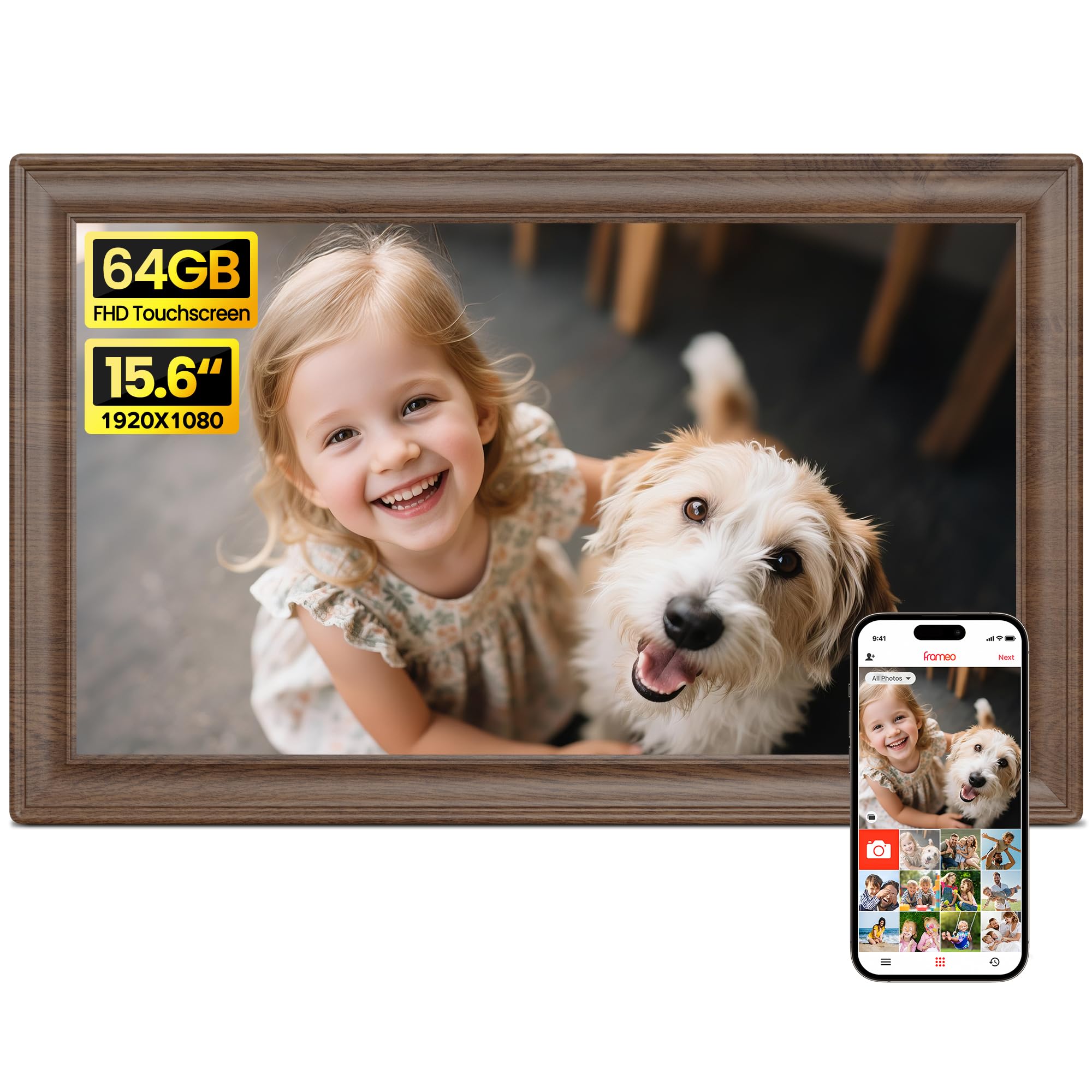 64GB 15.6" Frameo Digital Picture Frame WiFi, Large Electronic Photo Frames Wood 1920 x 1080 IPS FHD Touch Screen, Send Photos from Your Phone from Anywhere, Best Gifts for Family and Friends