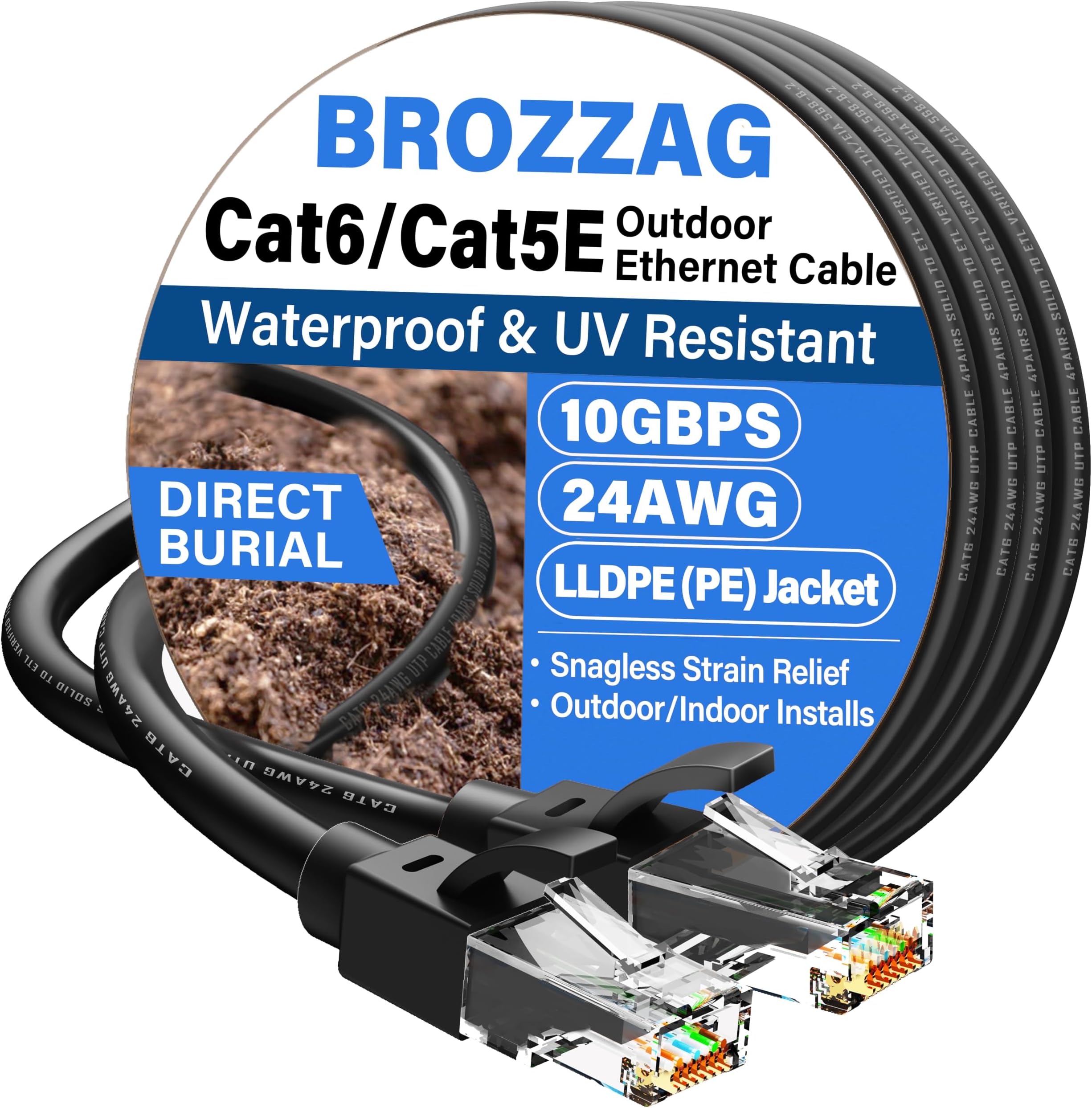 Cat 6 Outdoor Ethernet Cable 50ft, 24AWG 10Gbps LLDPE Direct Burial Network Cable, UV-Resistant Waterproof Jacket, Snagless RJ45 Patch LAN Cord Support Cat8/Cat7/Cat6/Cat5e & PoE, for PC/Router, Black