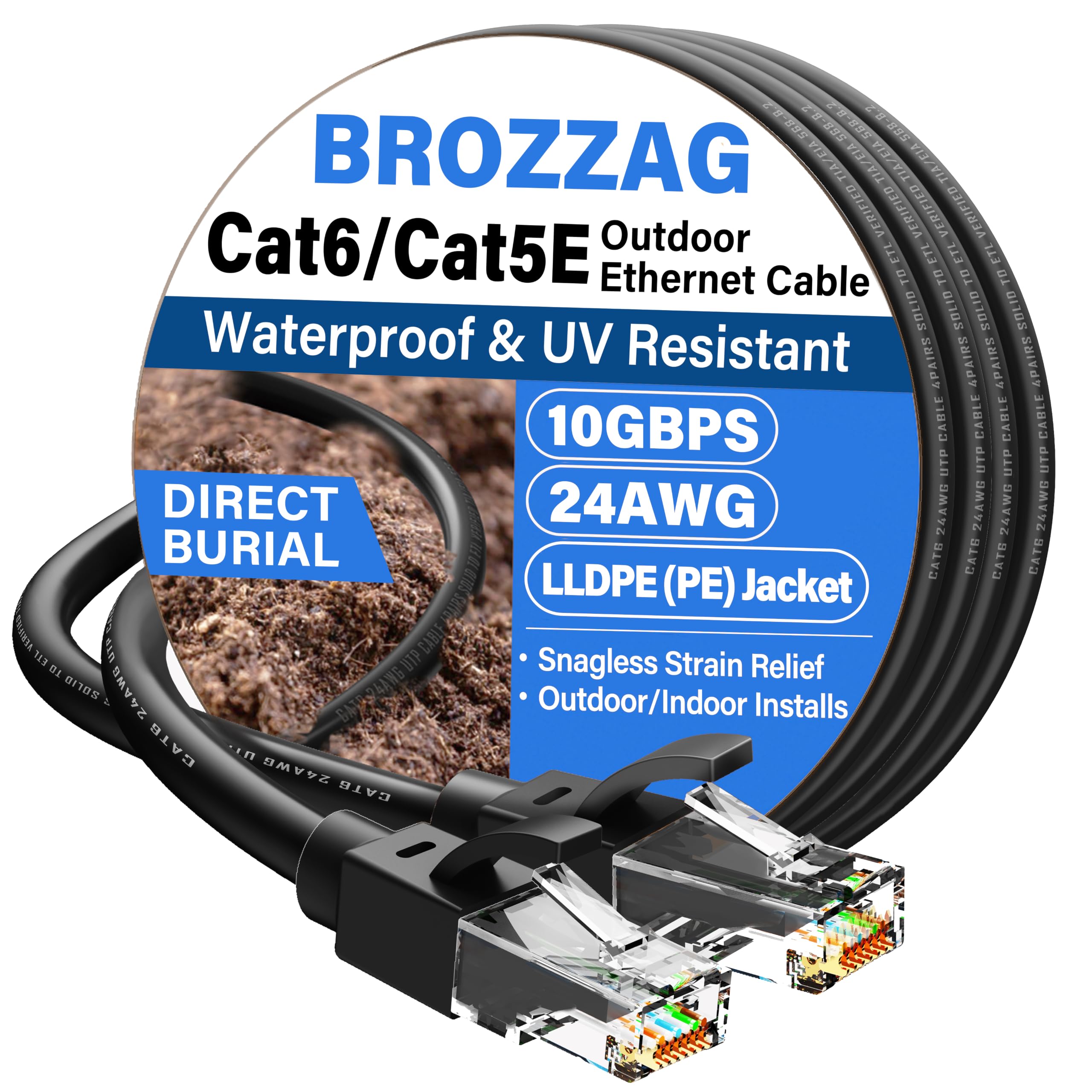 Cat 6 Outdoor Ethernet Cable 50ft, 24AWG 10Gbps LLDPE Direct Burial Network Cable, UV-Resistant Waterproof Jacket, Snagless RJ45 Patch LAN Cord Support Cat8/Cat7/Cat6/Cat5e & PoE, for PC/Router, Black